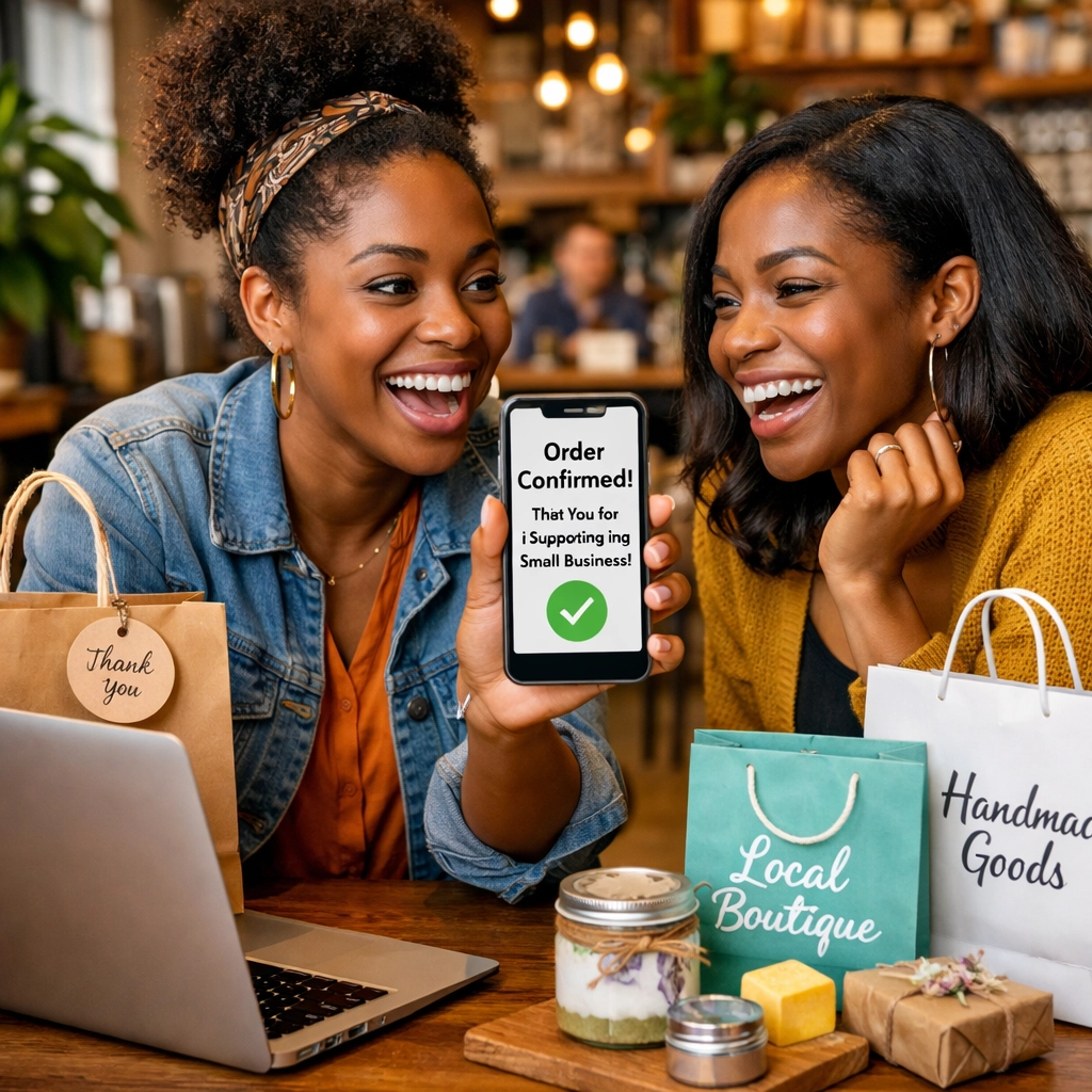 Black woman sharing Black-owned business discovery with friend at coffee shop