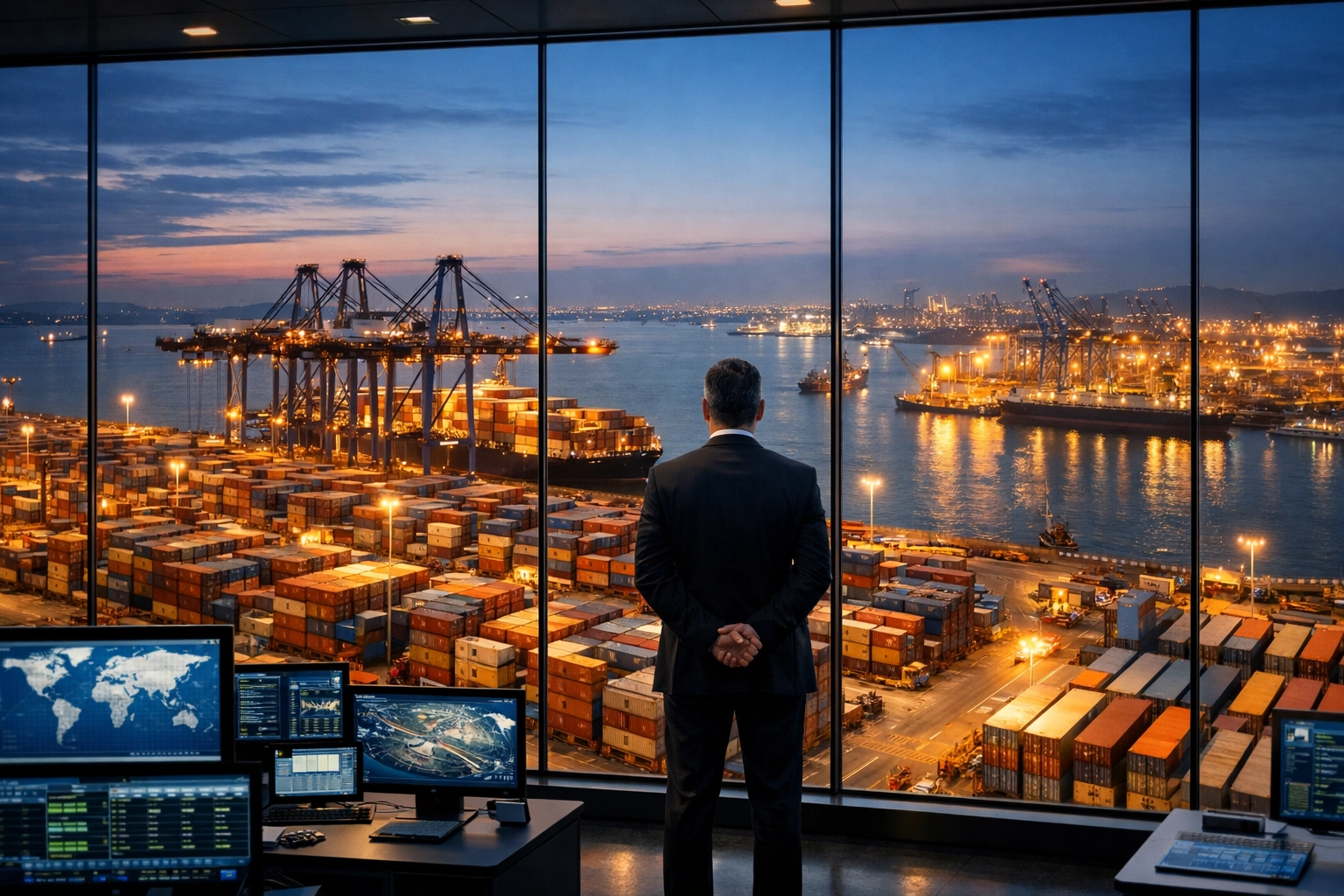 Logistics strategist overlooking a global shipping port, illustrating a 4PL supply chain management framework.