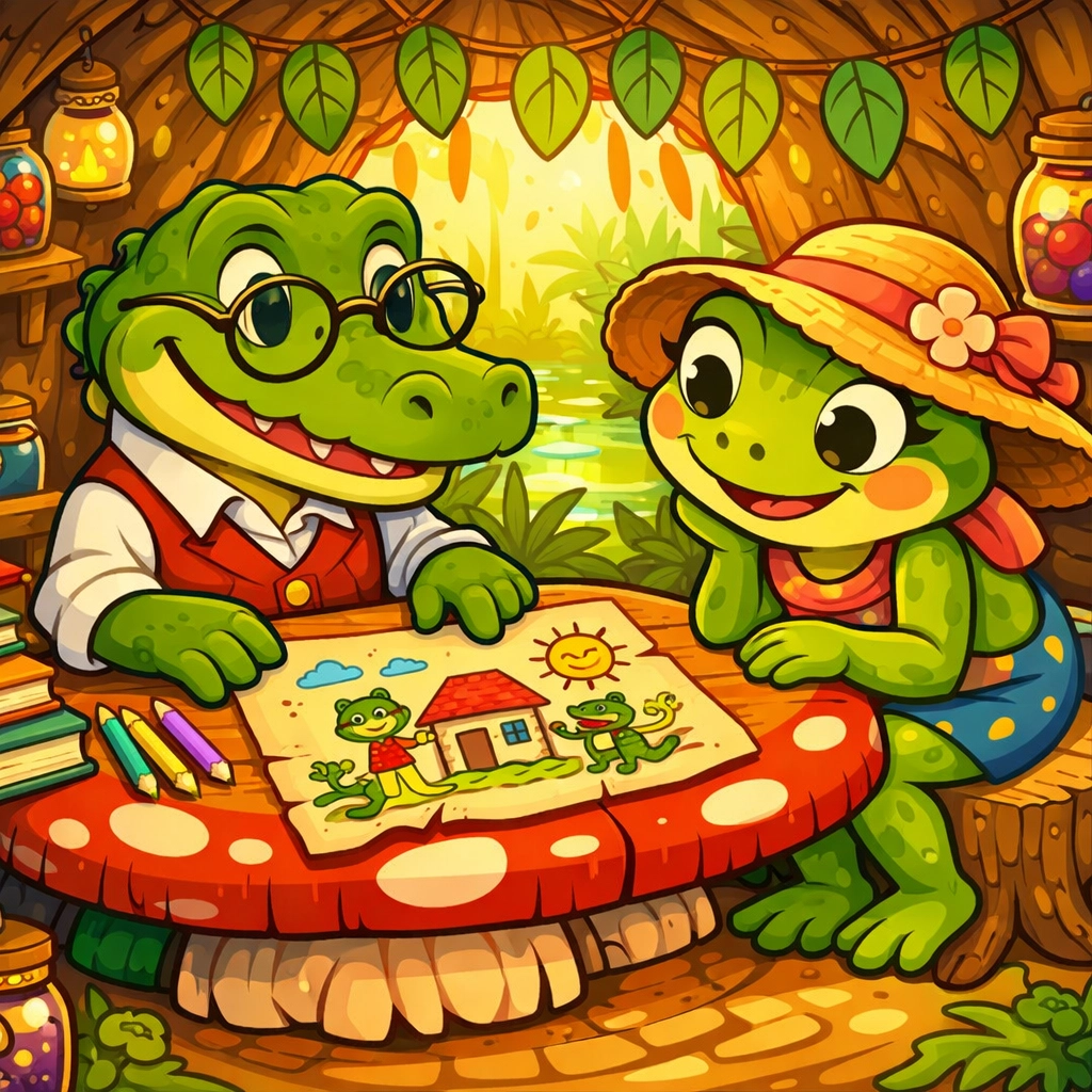 Alligator teacher and parent frog collaborating on a child's school support plan in a swamp classroom.