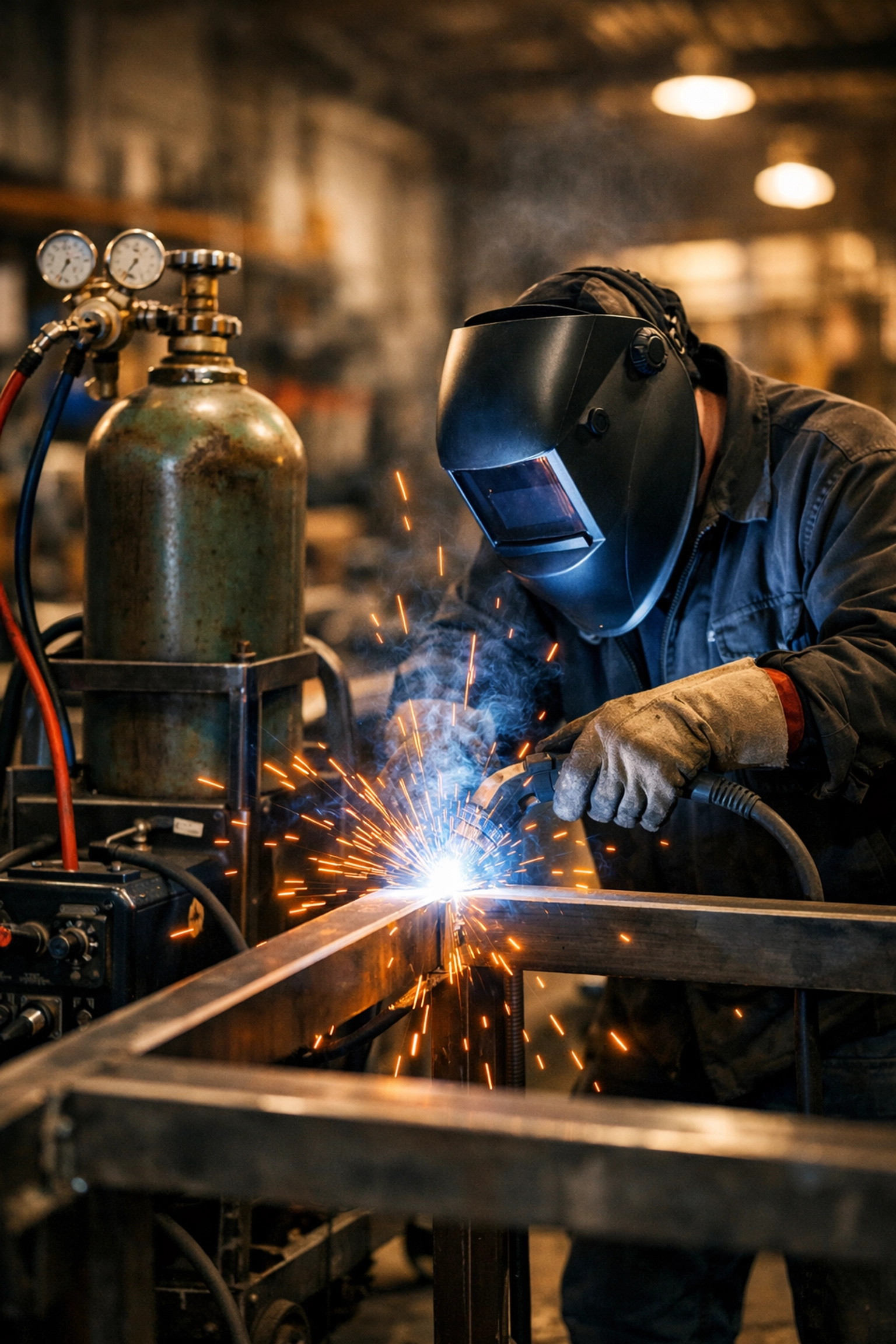 A professional welder working with a large refillable gas cylinder in an industrial workshop.