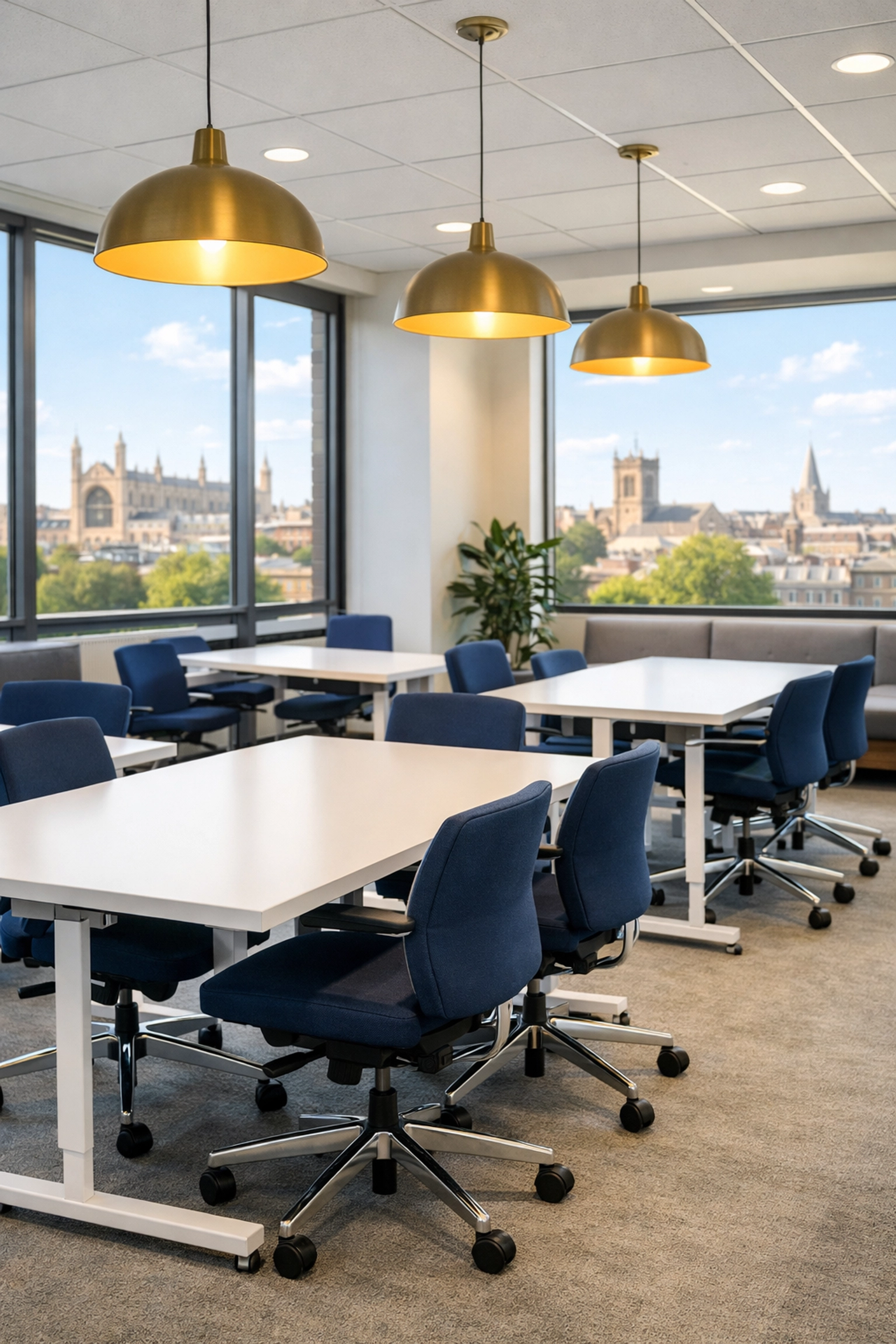 Clean and dust-free biotech office breakout space in Cambridge with modern furniture.