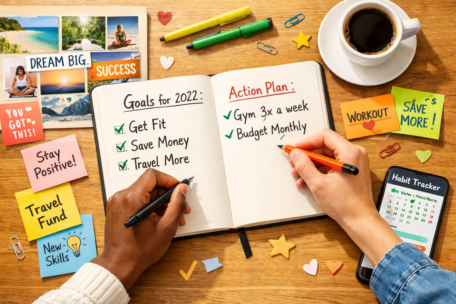 Goal setting workspace with notebook, habit tracker and vision board for personal growth planning