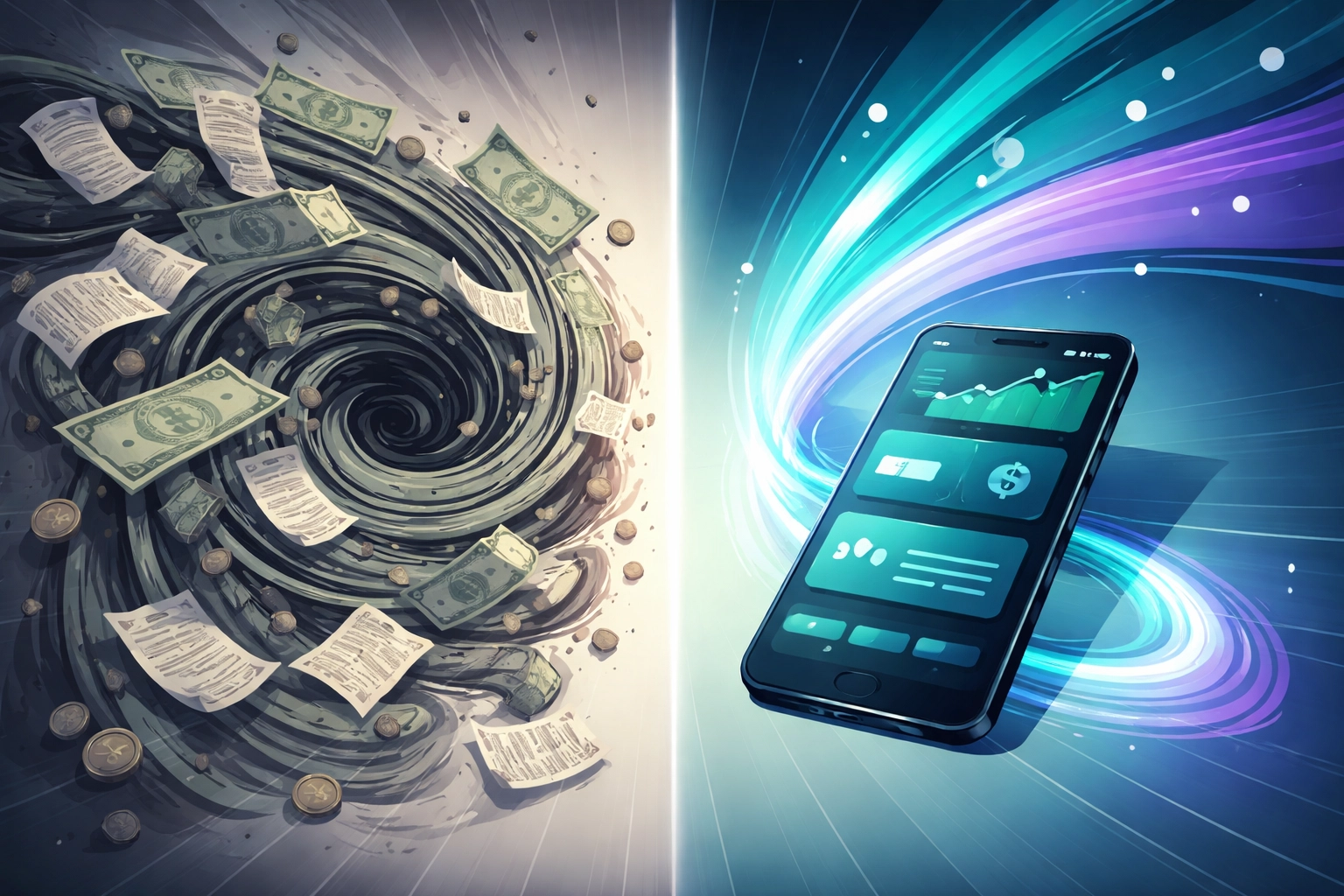 Side-by-side comparison of messy cash tips versus organized digital tip payouts in restaurant management