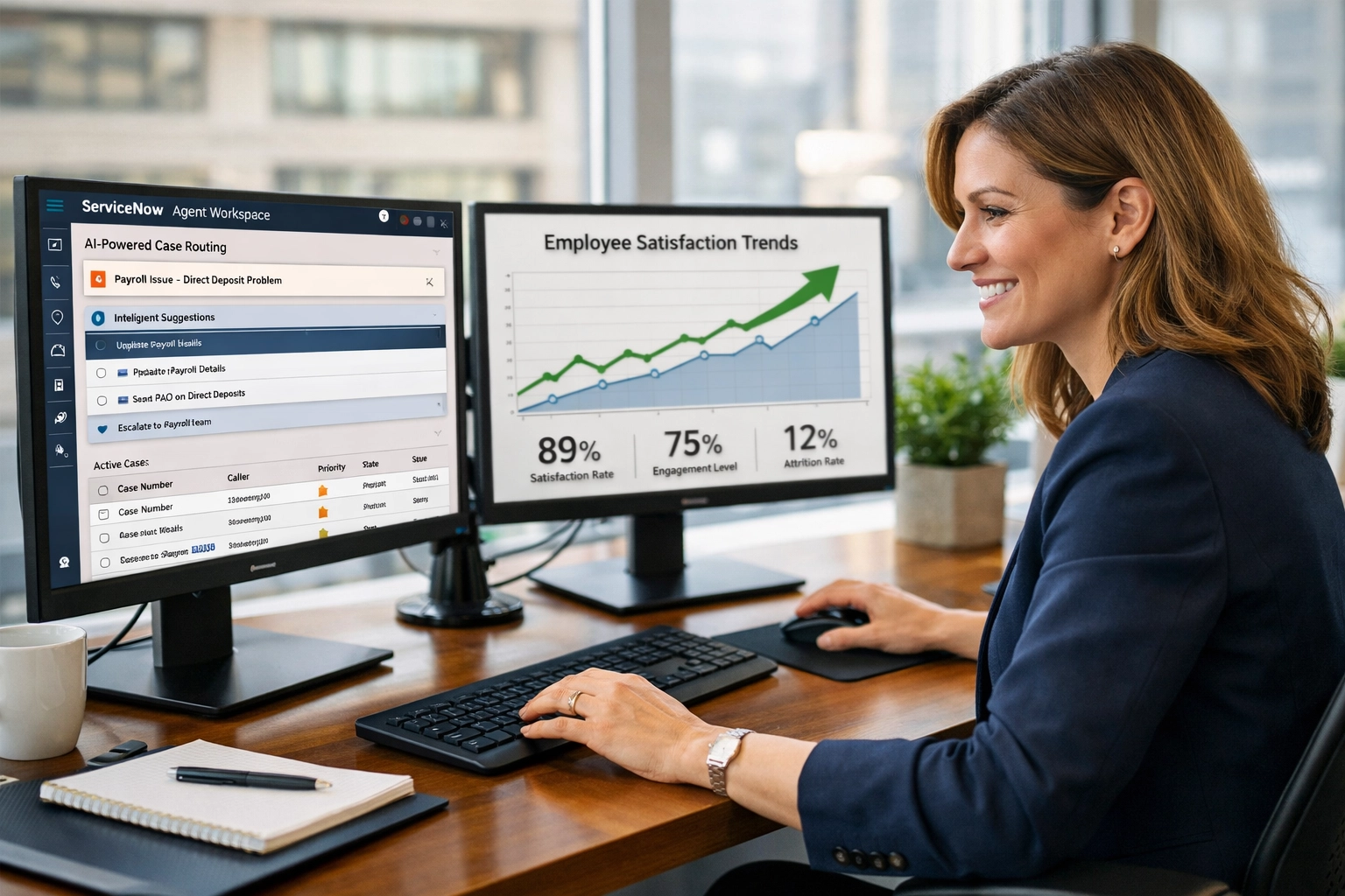 Banking HR professional using ServiceNow Agent Workspace with AI-powered case routing and satisfaction metrics