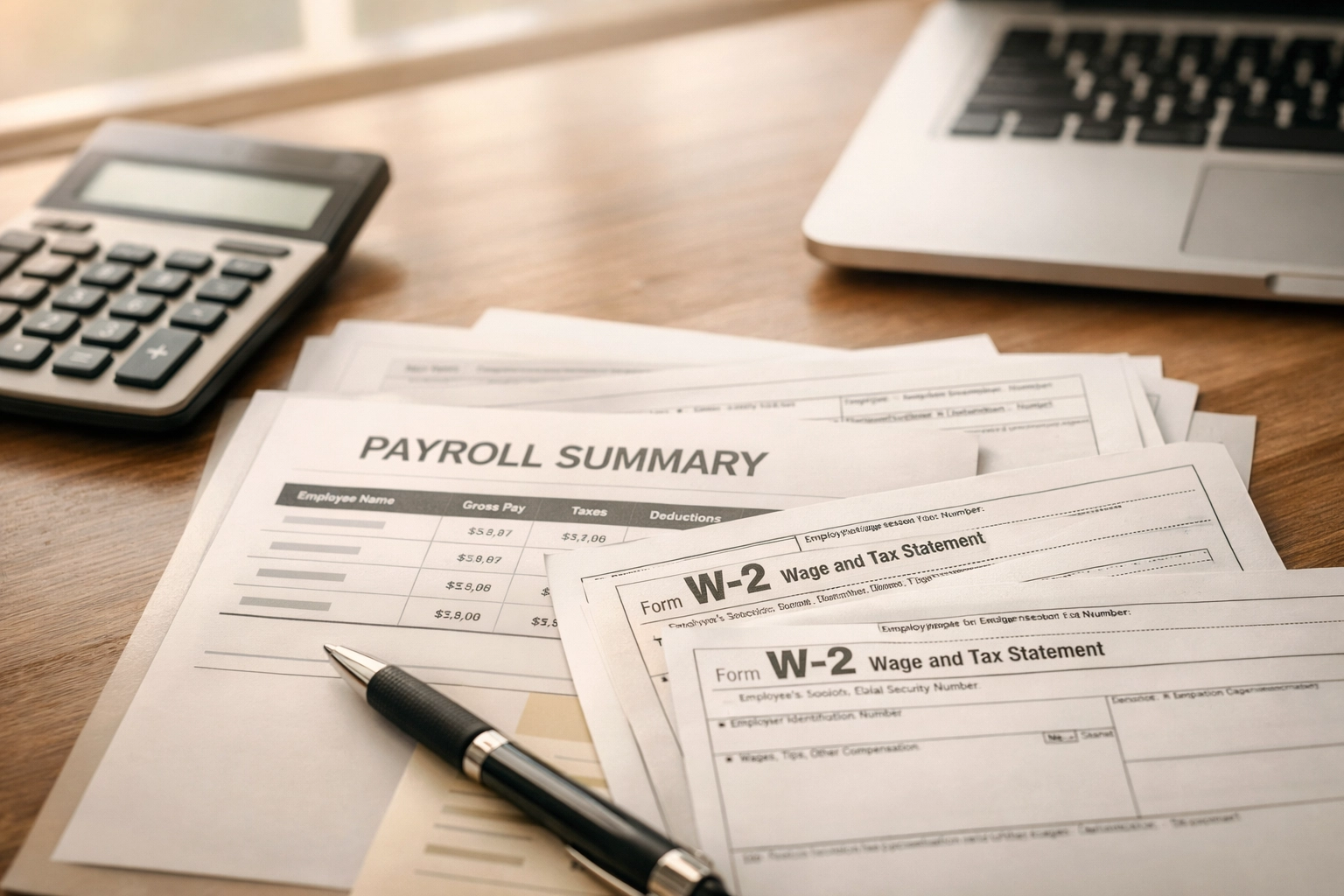 Payroll documents and W-2 forms on desk for 2026 tip and overtime reporting requirements