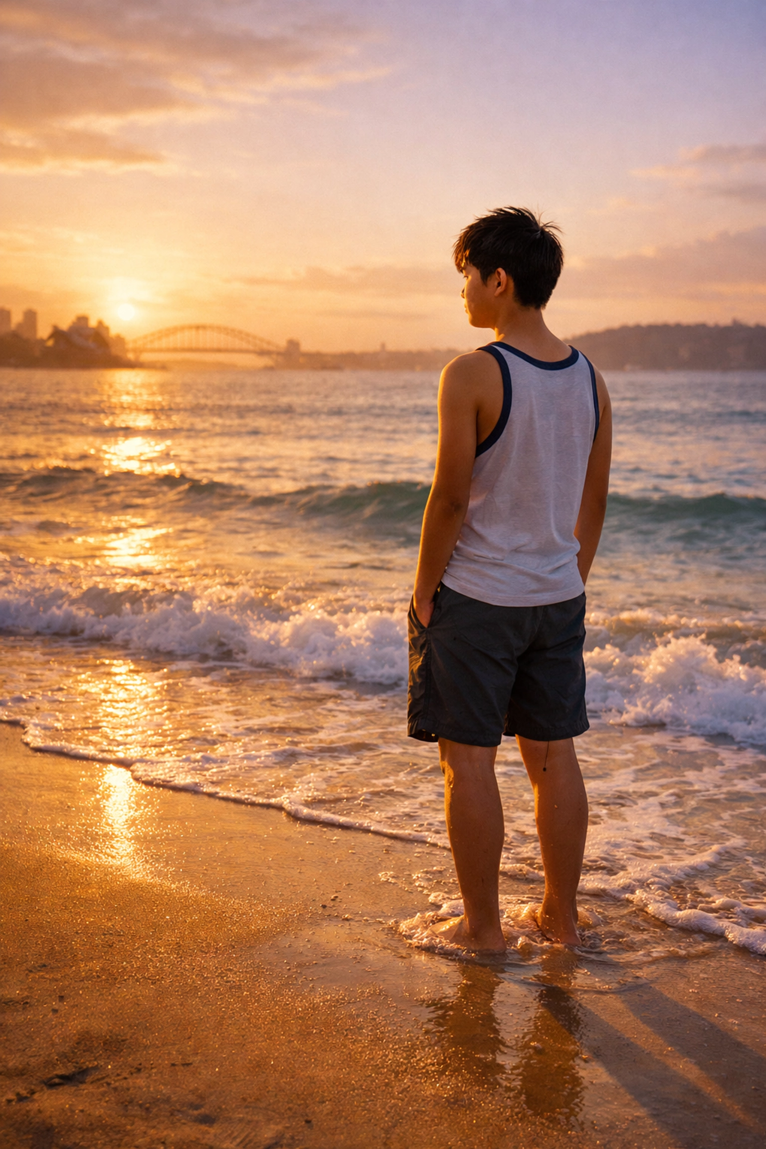Gay teen contemplating coming out alone on Sydney beach at sunset