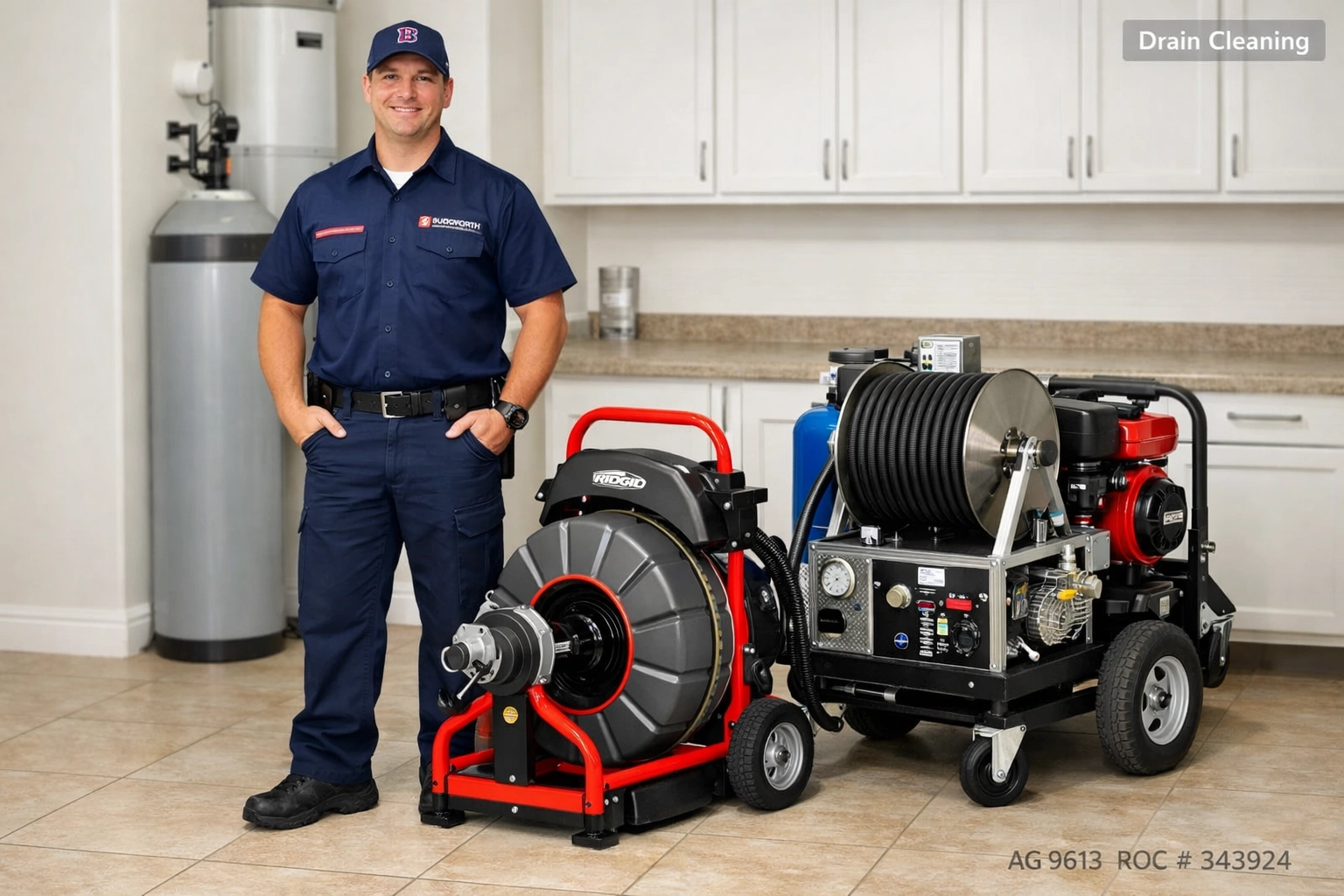 Bucksworth technician with professional drain cleaning equipment in an Ahwatukee AZ home.