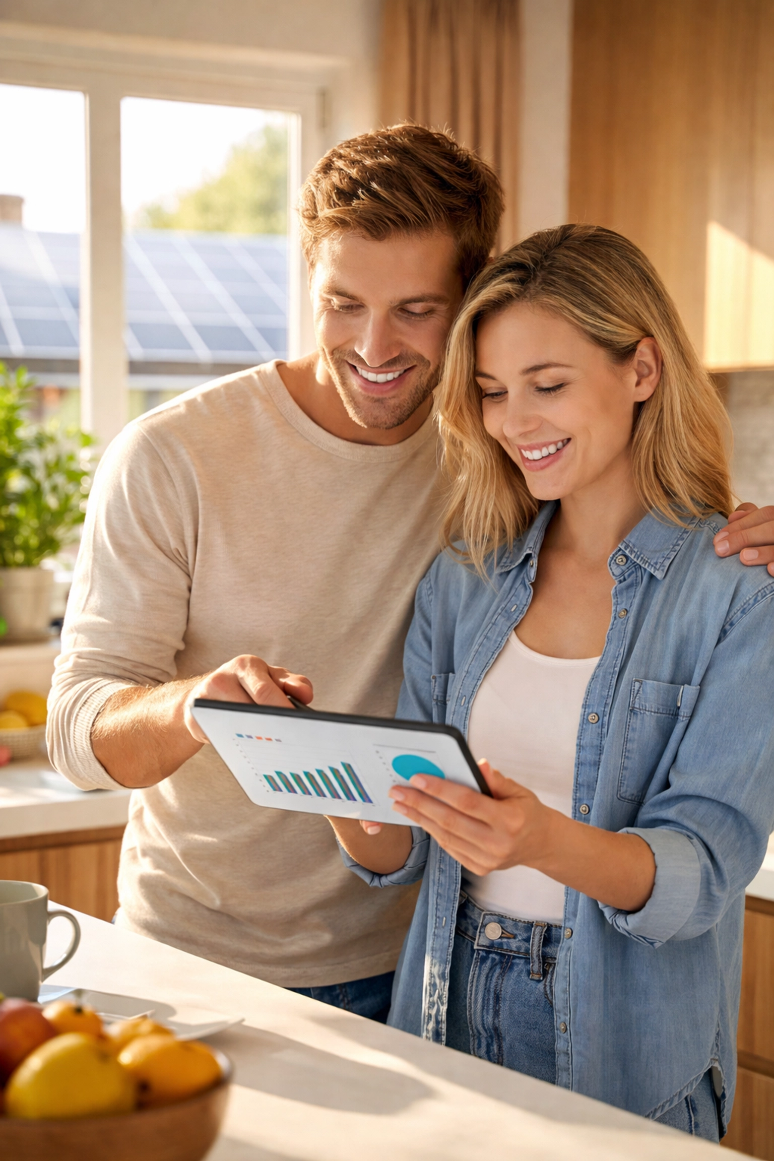 Homeowners monitoring solar battery energy usage on tablet in their kitchen