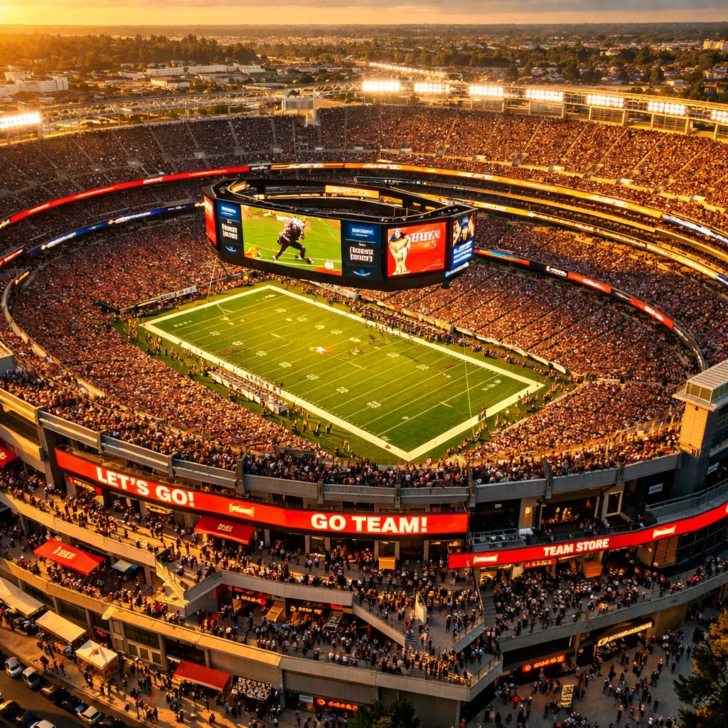 Aerial view of packed sports stadium showing digital displays and OOH advertising touchpoints