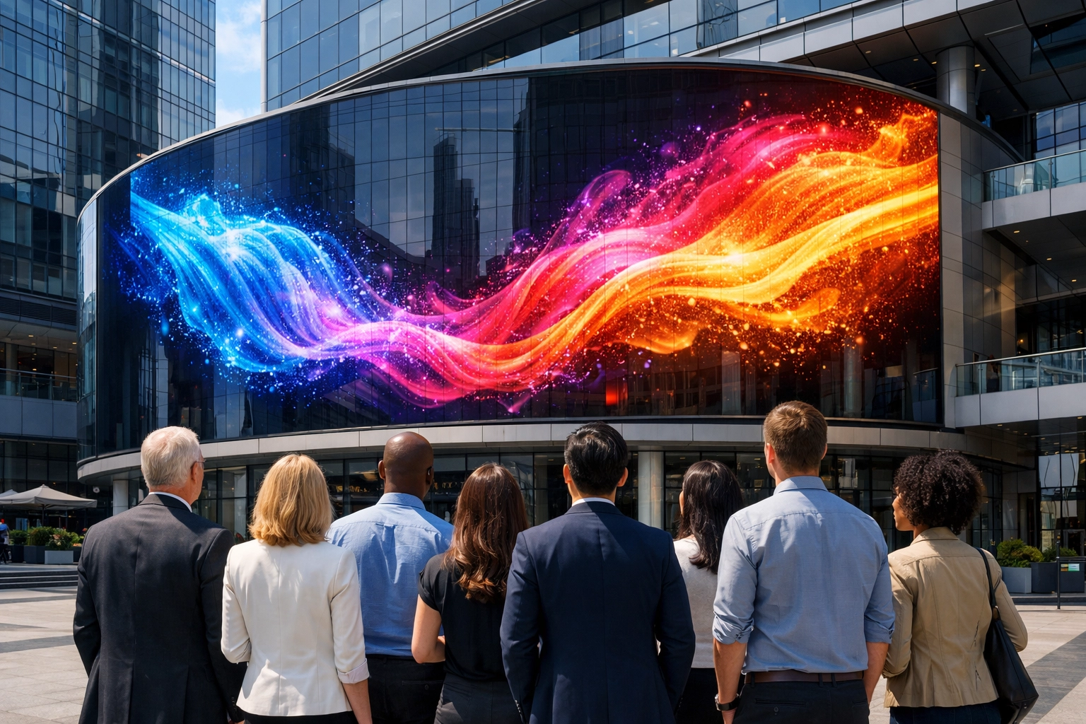 Innovative 3D digital signage on a modern building facade showcasing high-tech advertising media.