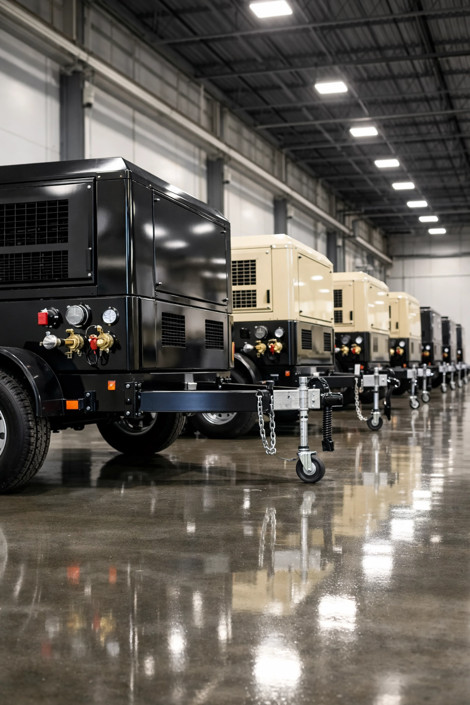 Row of refurbished trailer-mounted air compressors ready for immediate delivery from industrial inventory.