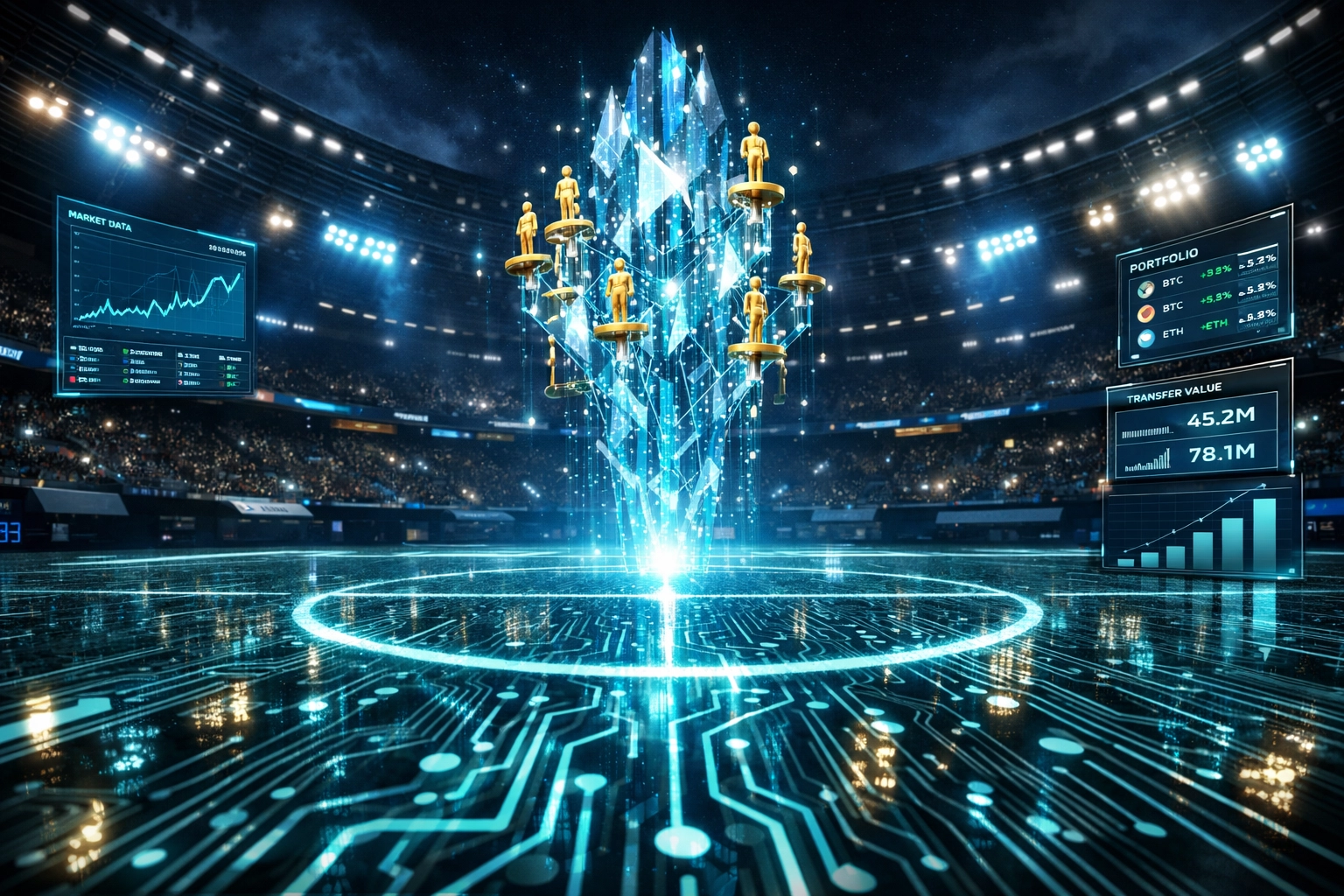 A futuristic digital football stadium symbolizing the evolution of athlete tokenization and sports finance.