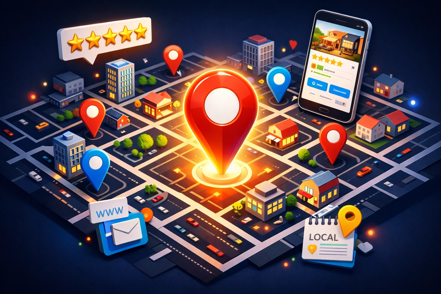 Local SEO map displaying business location pins and Google Maps visibility for small businesses