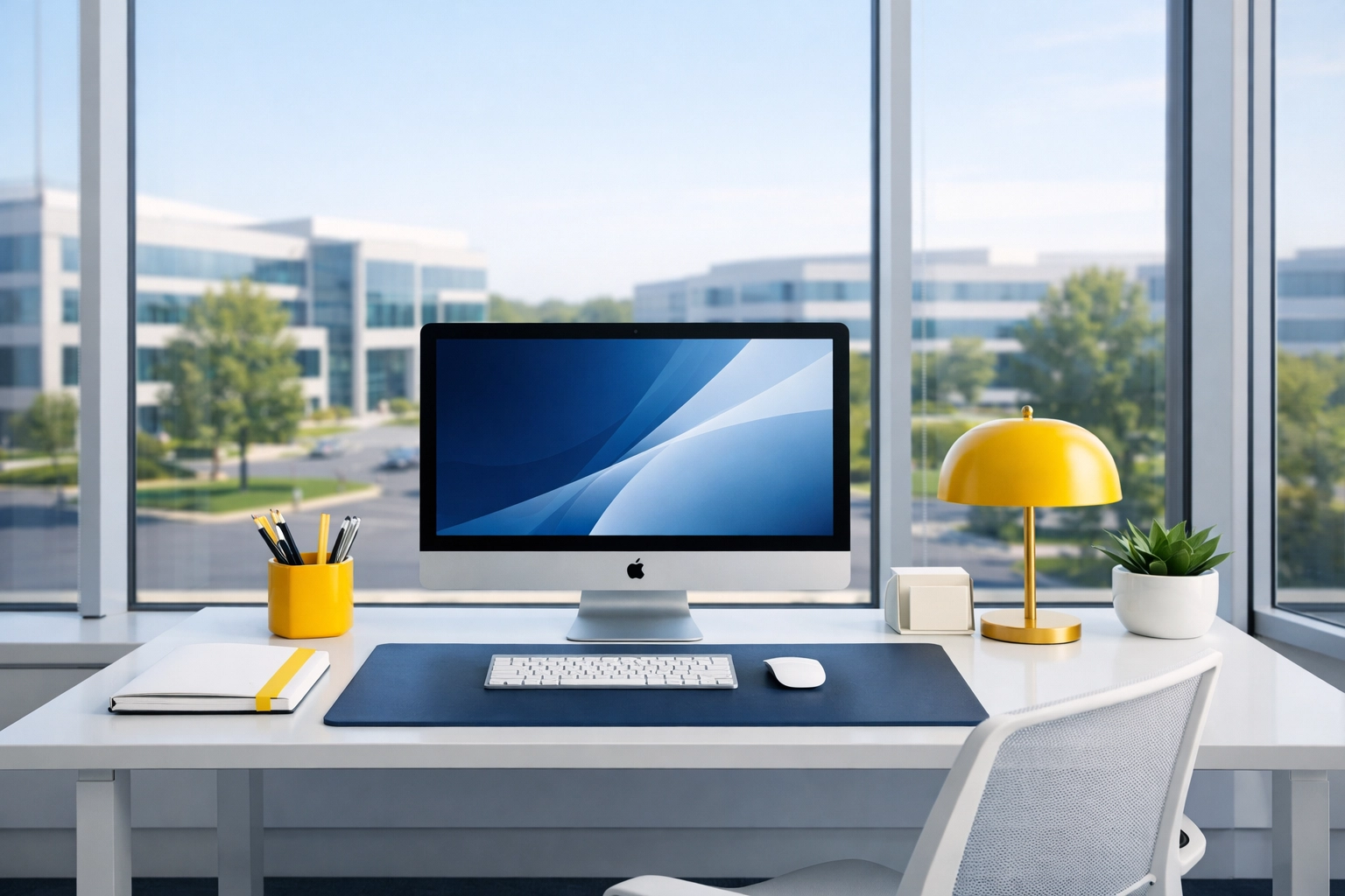 A spotless Burlington office with an organized desk highlighting Professional Office Cleaning in Burlington and Woburn.