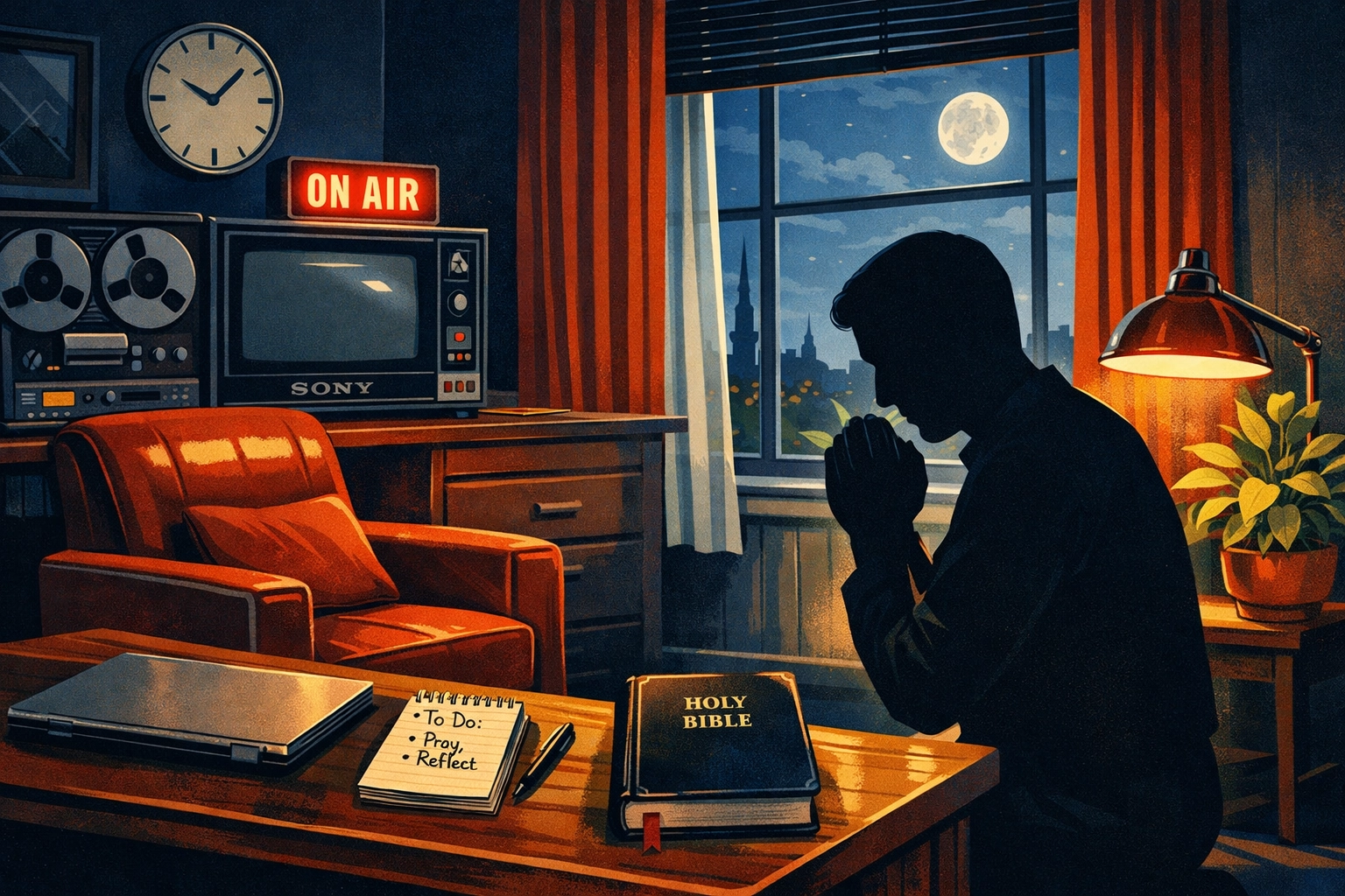 Person praying peacefully in evening with closed laptop and Bible showing Christian response to news