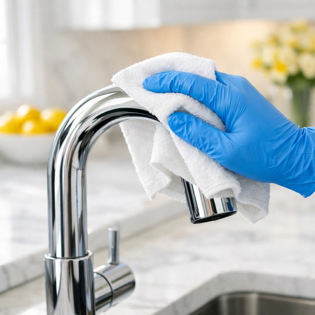 Professional house cleaning services in MA sanitizing a modern kitchen faucet and marble countertop.