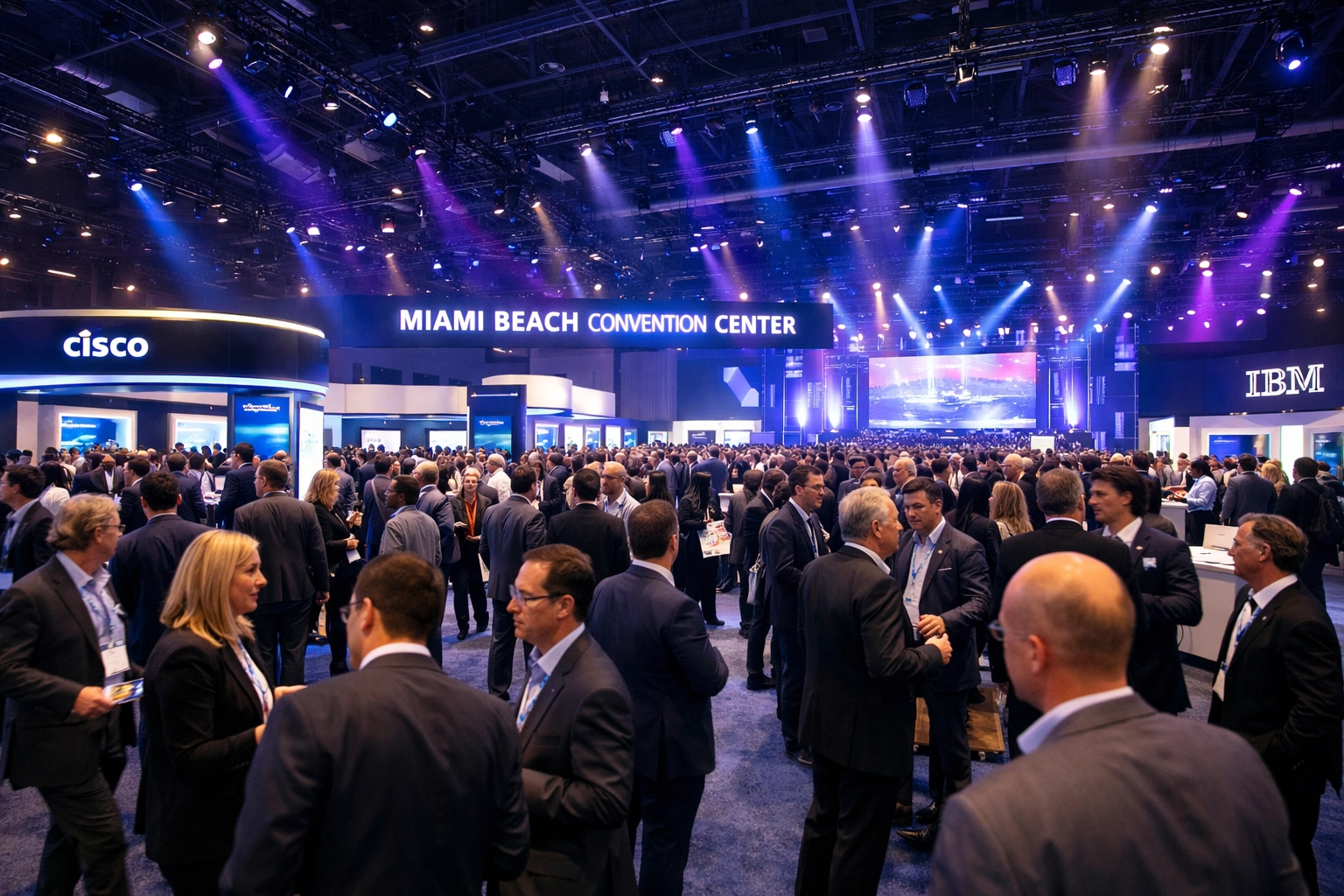 Corporate event photography of a busy trade show at the Miami Beach Convention Center.