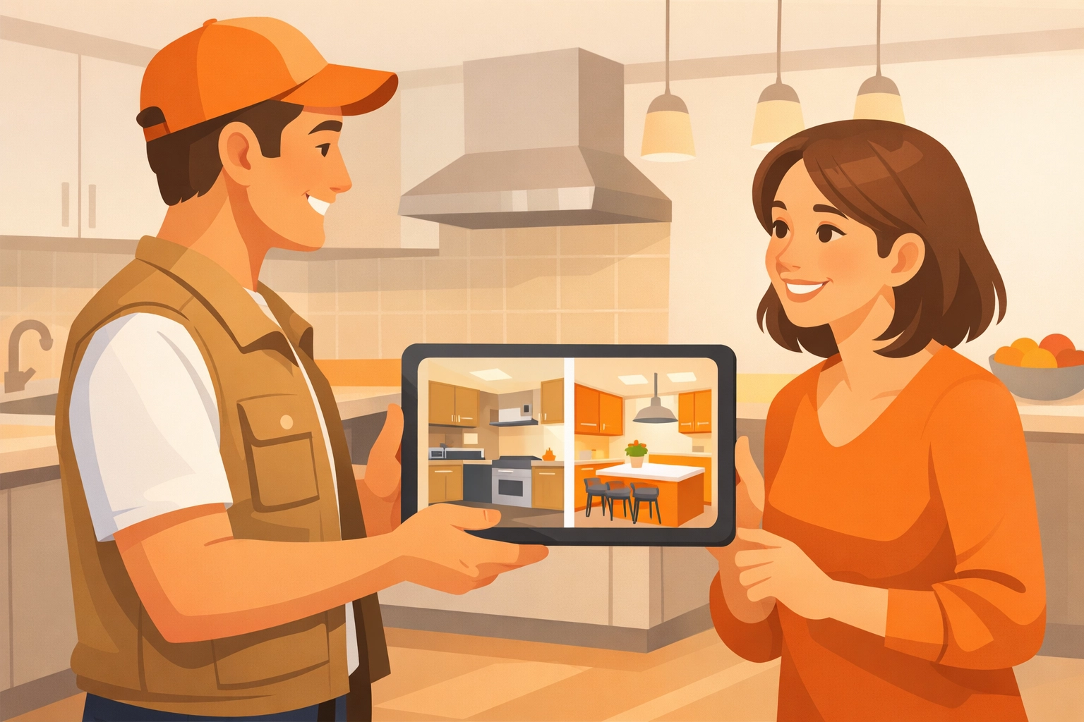 Contractor sharing professional before and after photo app results with a homeowner to build trust.