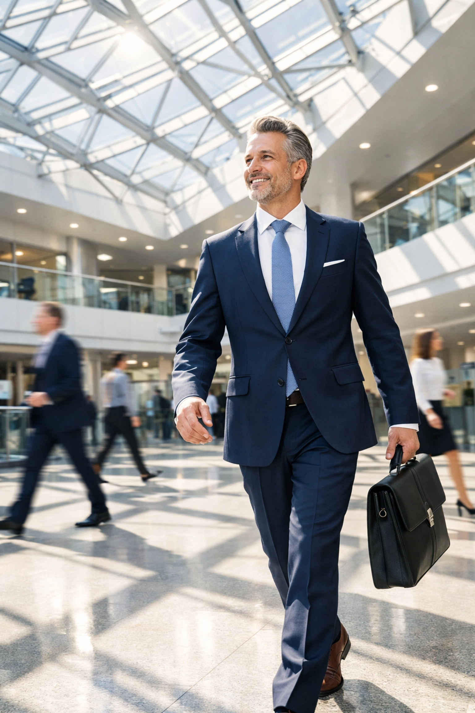 Confident leader walking through a modern office, representing the future of executive excellence.