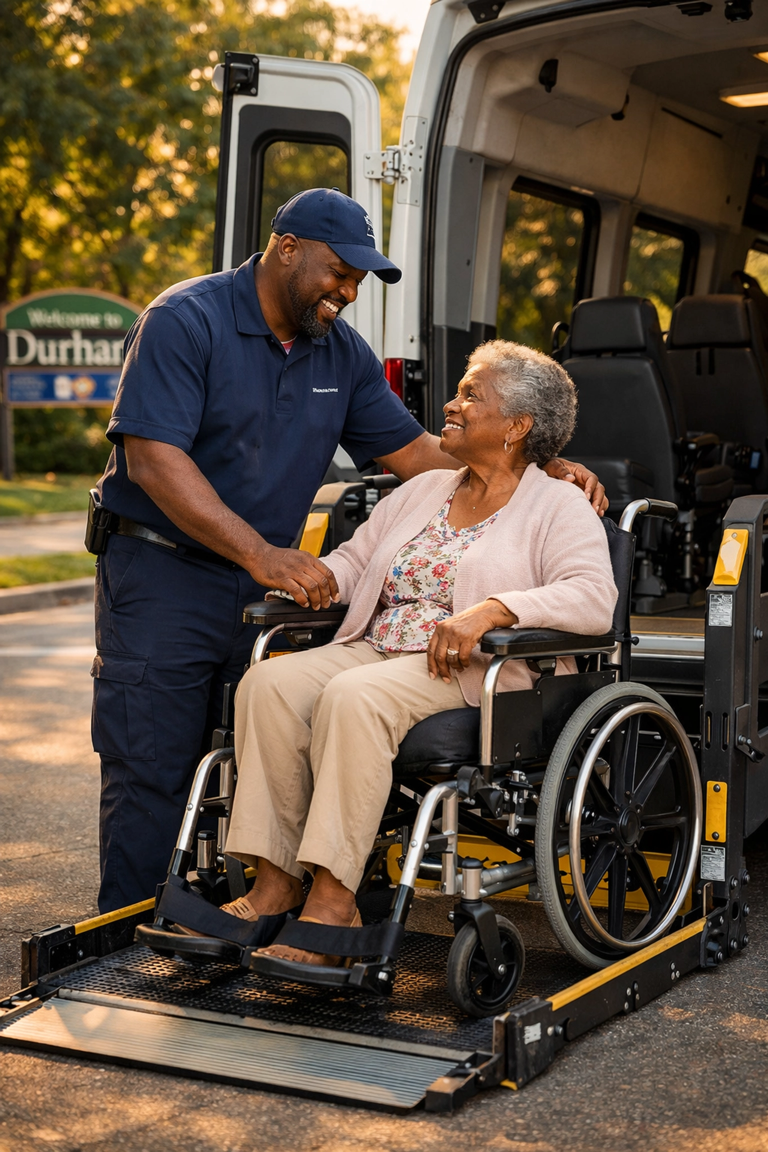 Trained driver assisting a patient in a wheelchair onto a medical transportation Durham NC vehicle.