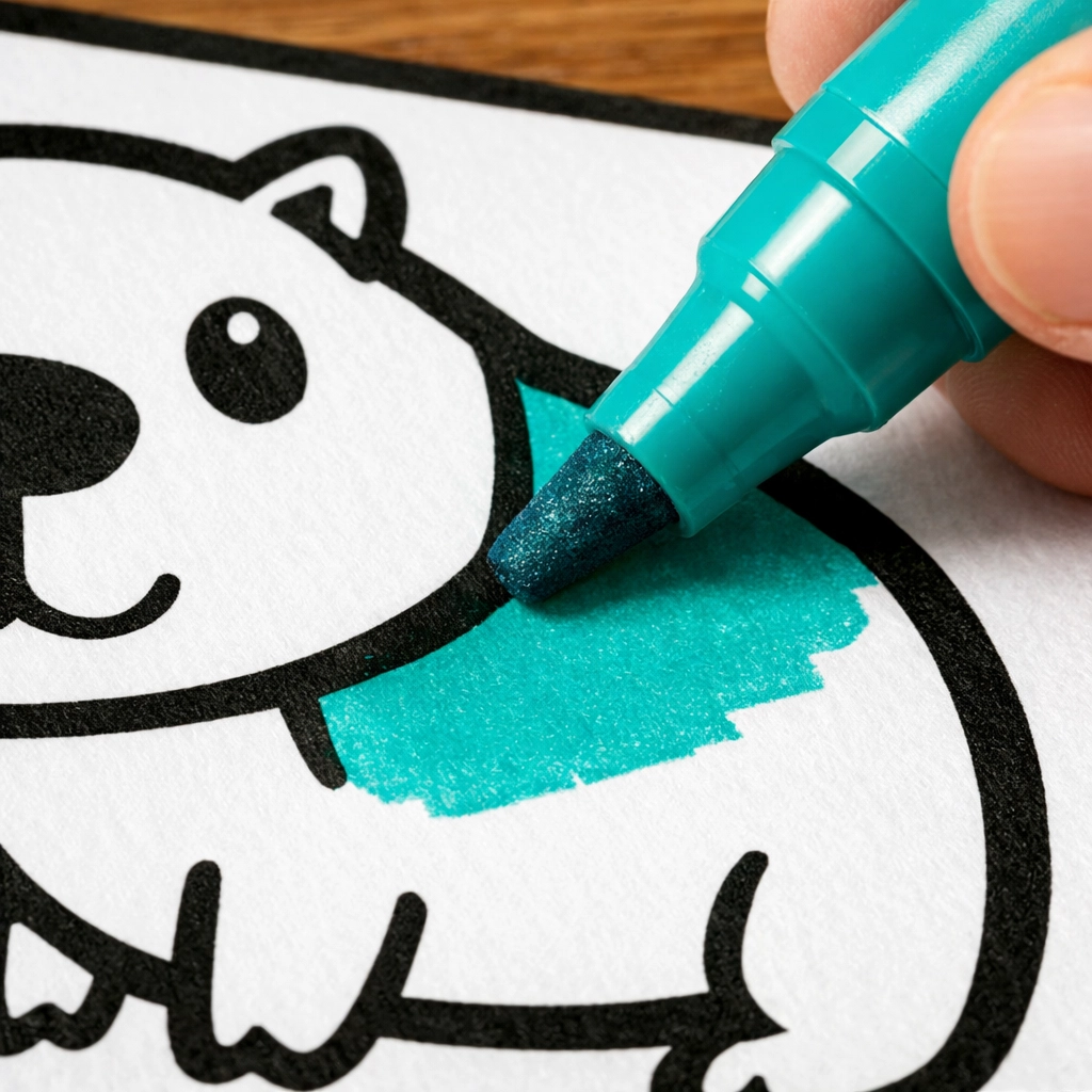 Hand coloring a simple capybara design with thick black outlines in a bold and easy coloring book for adults.