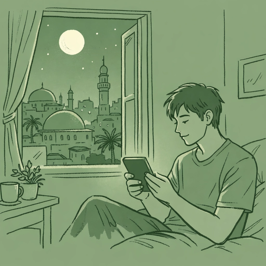 Man reading LGBTQ+ ebook by window with Middle Eastern cityscape at night