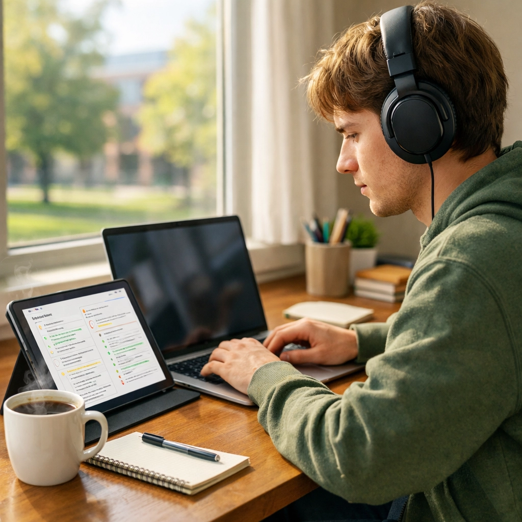 Student studying with a laptop and digital notes, using AI research tools in a bright home office.