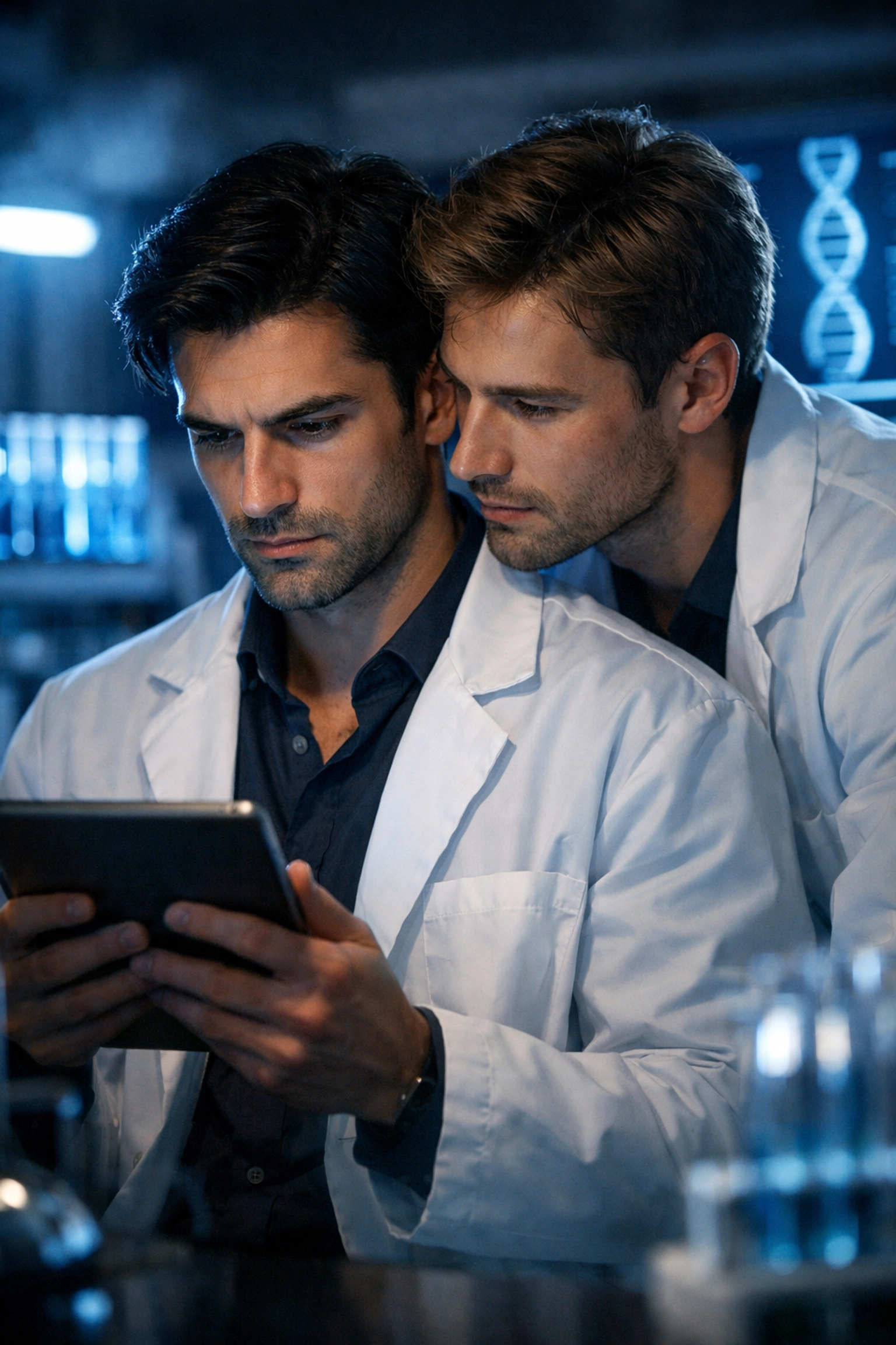 Two rival male scientists share an intimate moment in genetics lab - gay romance