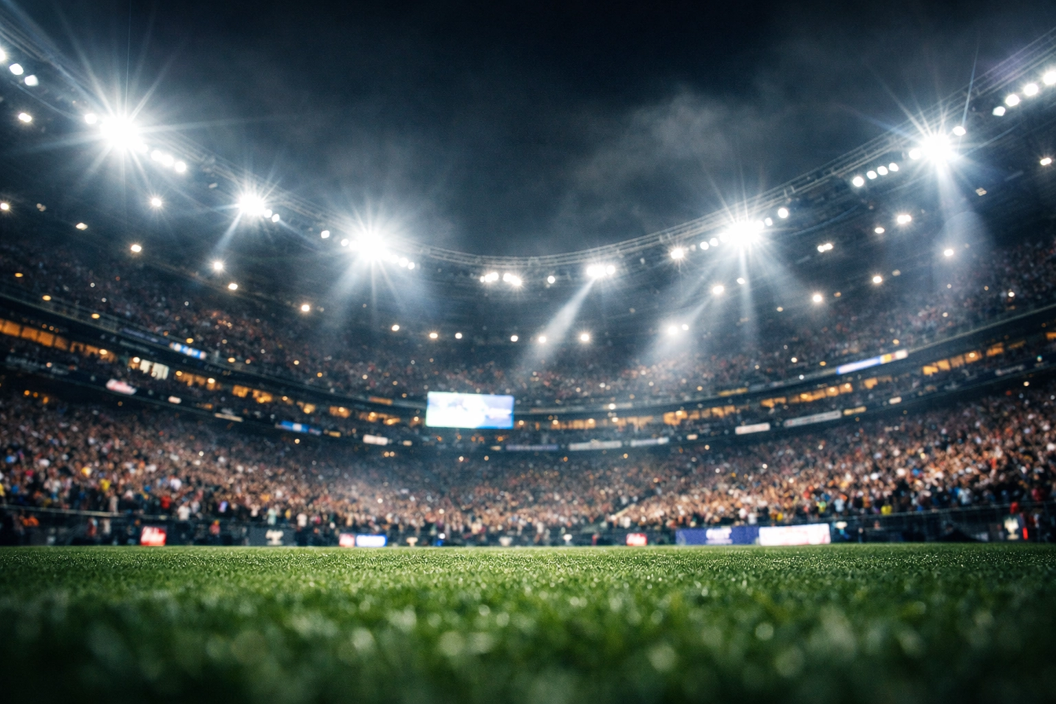 Massive professional sports stadium at night representing traditional Super Bowl advertising and high-stakes marketing.