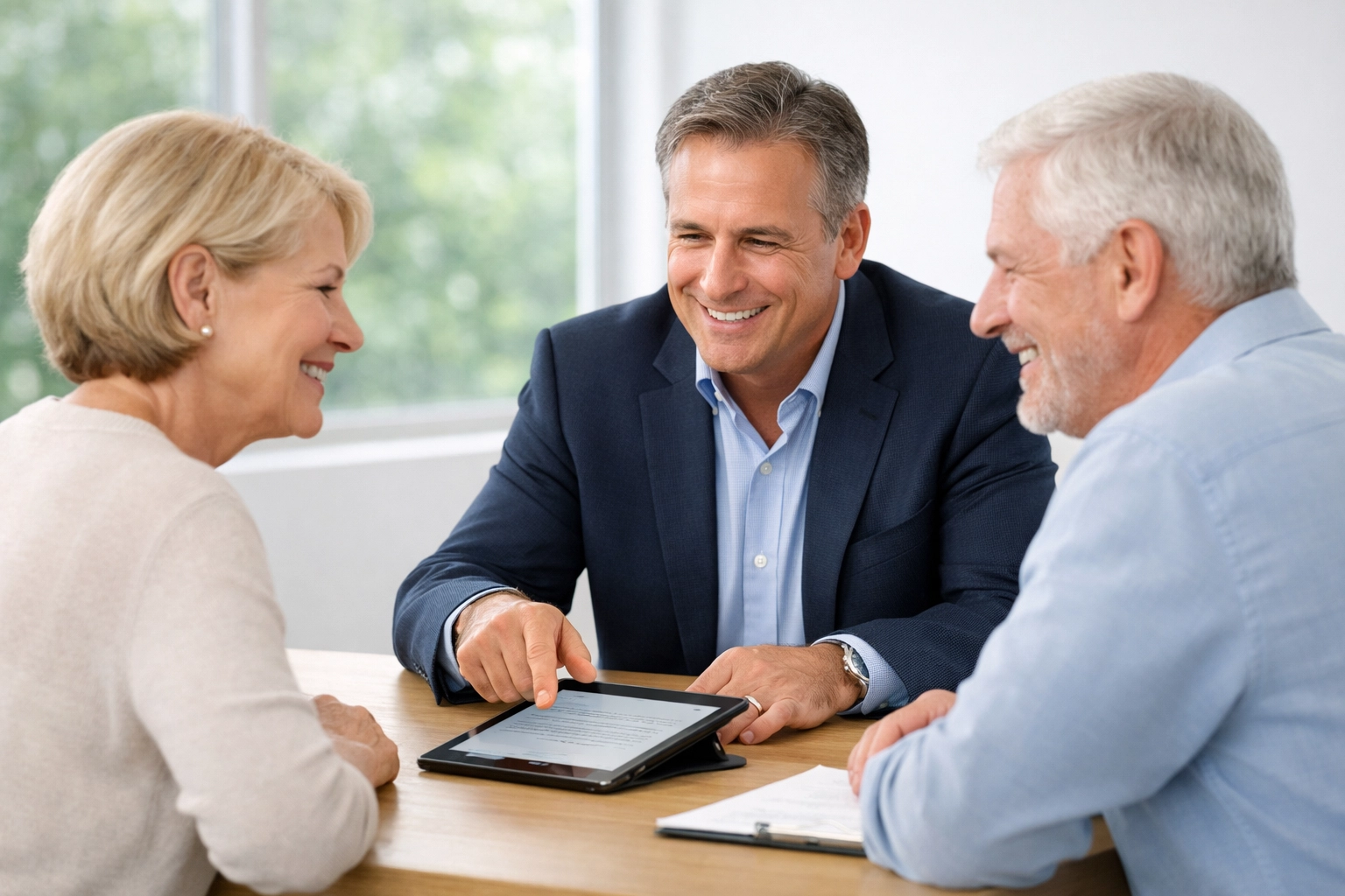 Professional financial coach providing a retirement plan review to a couple for guaranteed retirement income.