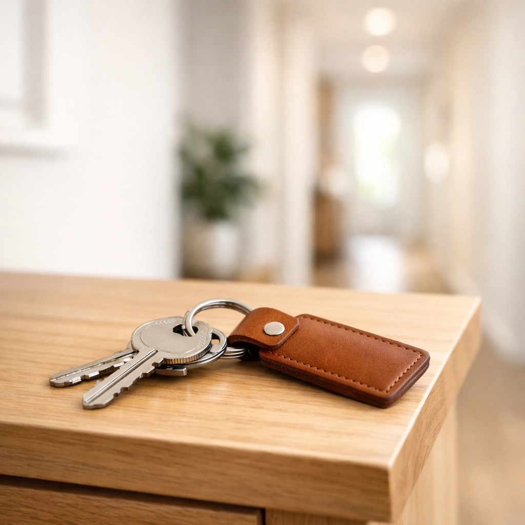 Silver apartment keys in a bright foyer ready for new tenants after professional move-out cleaning.