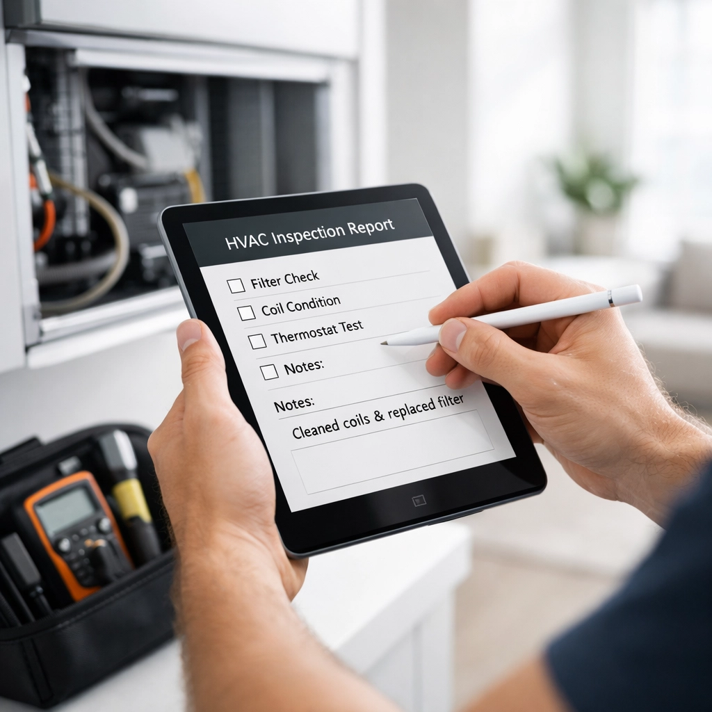 Maintenance technician performing proactive HVAC inspection using digital tablet