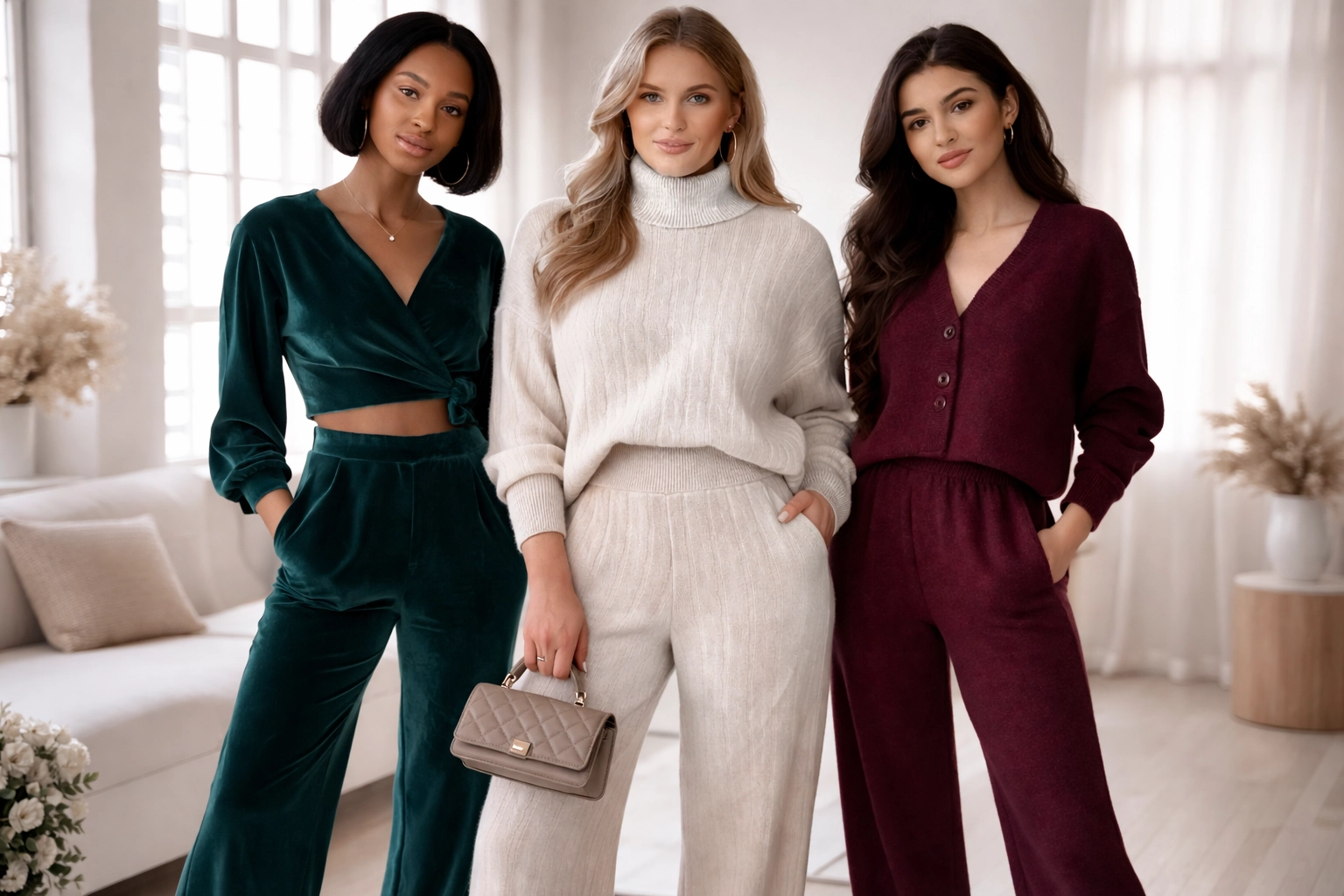 Three elegant, diverse models (including plus-size) in sophisticated winter matching sets—velvet, cable knit, and wool—shot in a bright minimalist loft with a high-end editorial feel
