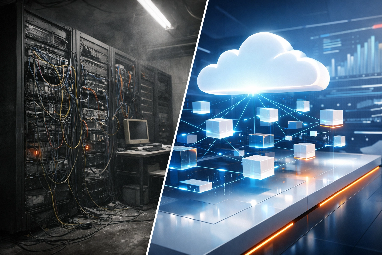 Comparison of legacy on-premises servers versus modern cloud infrastructure for ERP systems