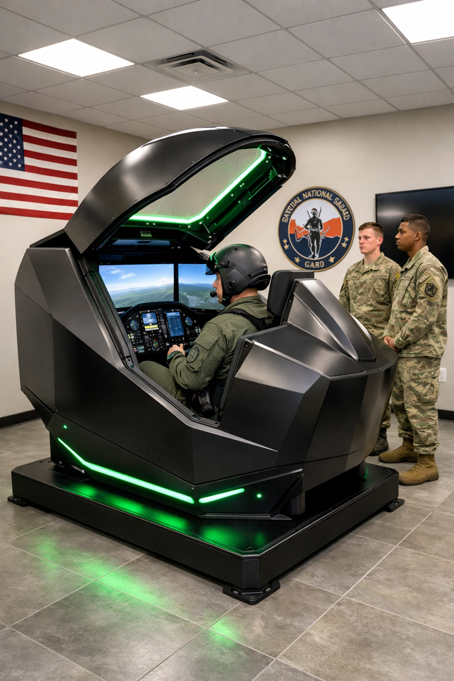 Compact flight simulator pod in National Guard armory training room with ROTC cadets observing