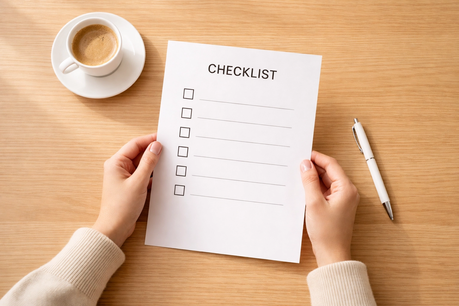 Checklist on a tidy desk with coffee, symbolising clarity and decision-making for startup ideas
