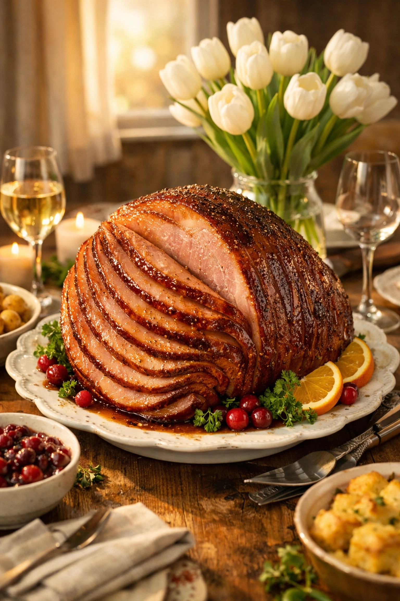 Glazed smoked Easter ham centerpiece for a festive Southern holiday dinner in the Pacific Northwest.