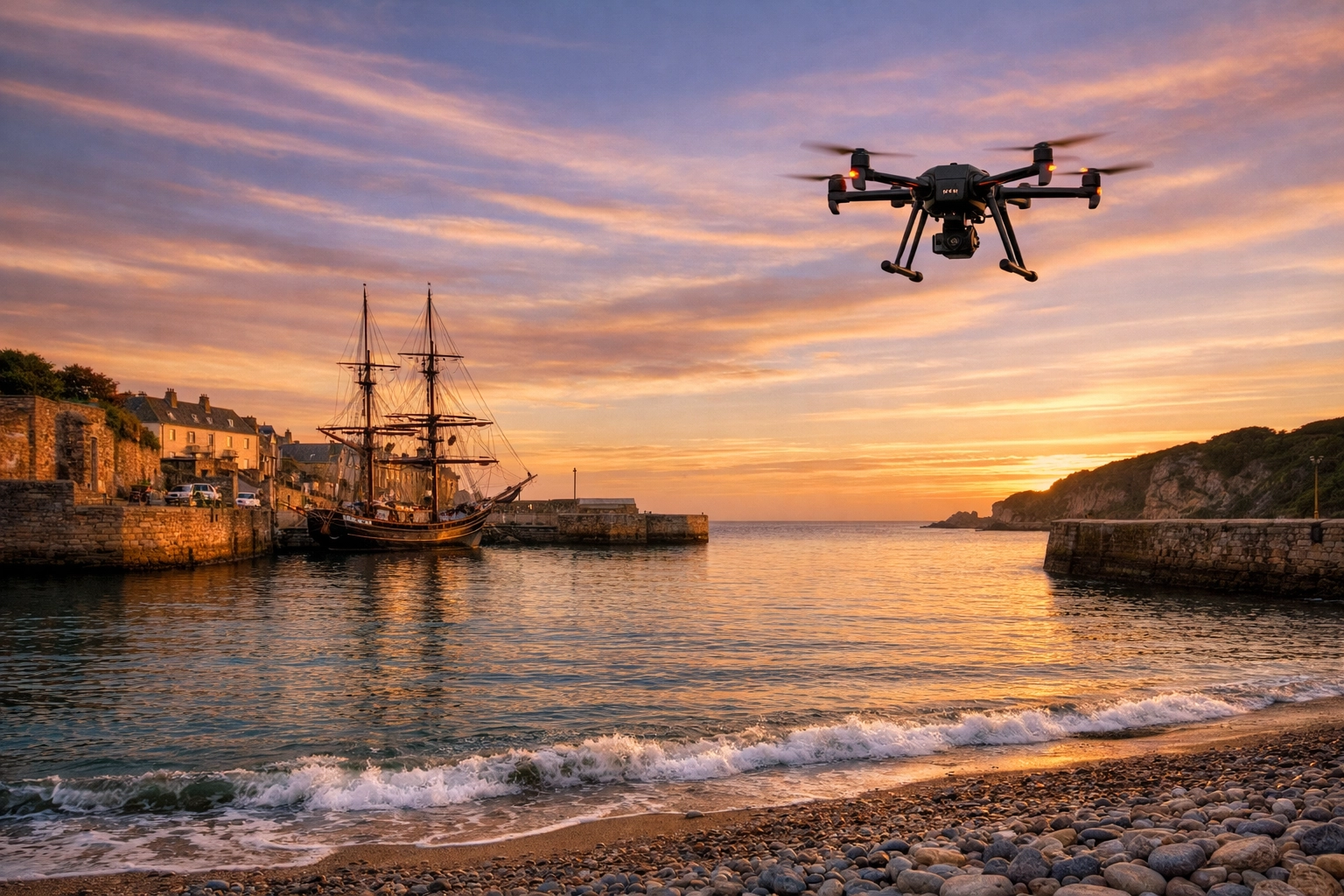Drone hovering over Charlestown harbour for a dignified ashes scattering ceremony in Cornwall.