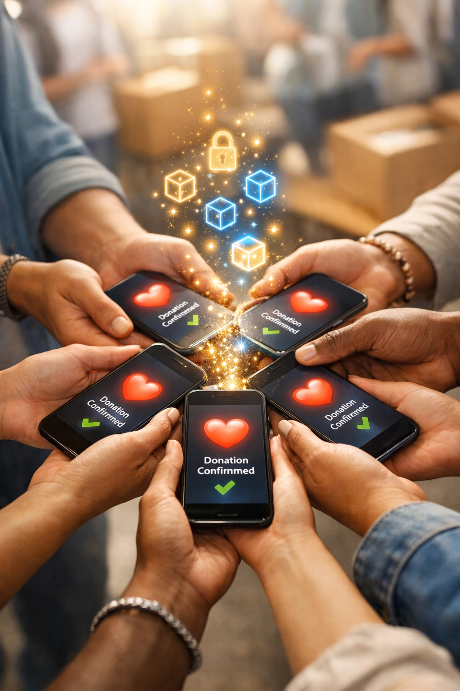 Community hands holding smartphones with charity donation confirmations via blockchain verification