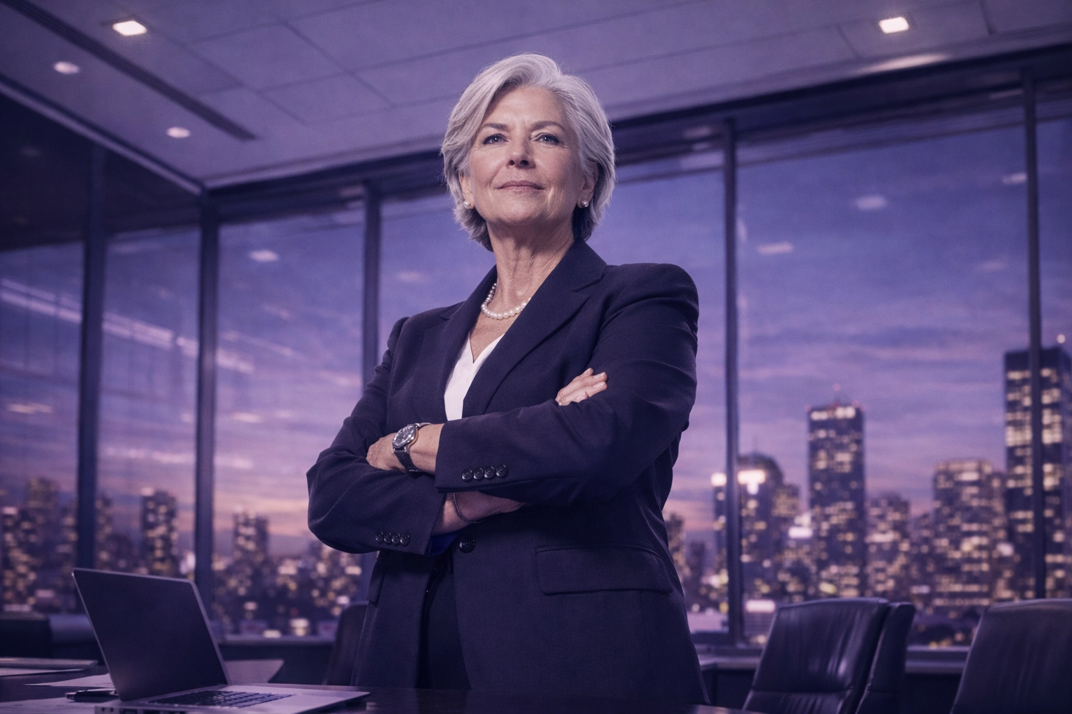 Law firm partner standing in a boardroom, symbolizing the future of legal leadership and AI workflow potential.