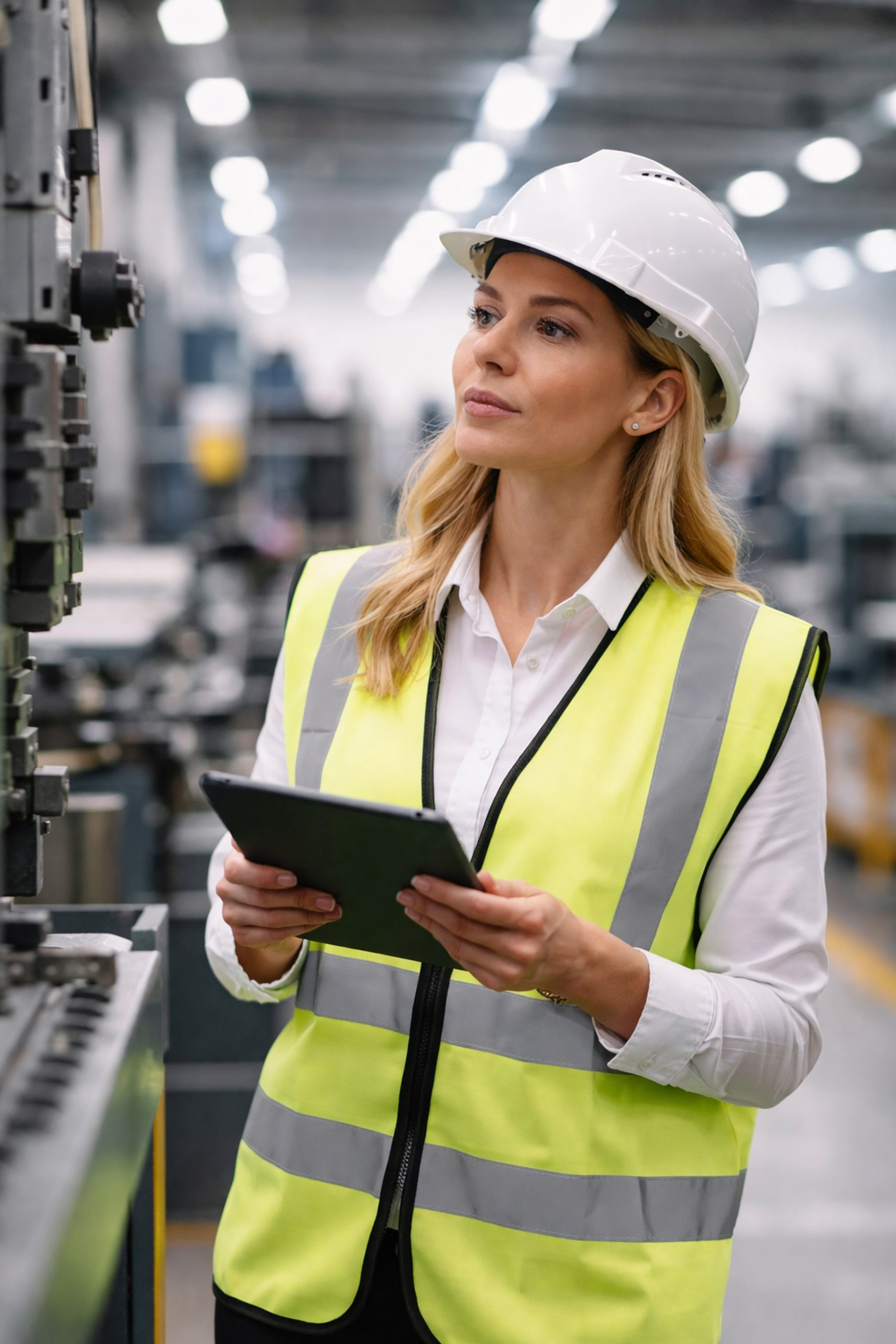 Safety manager inspects factory equipment, reinforcing workplace safety and workers' compensation procedures.