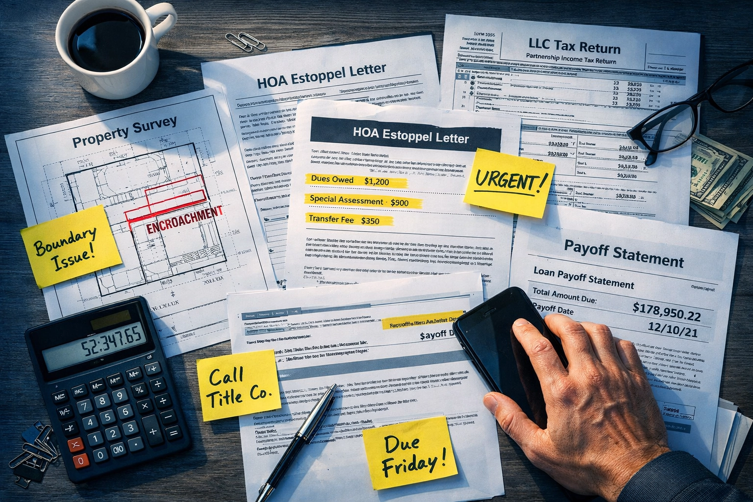 Florida real estate closing documents including survey, HOA estoppel, and payoff statements on desk