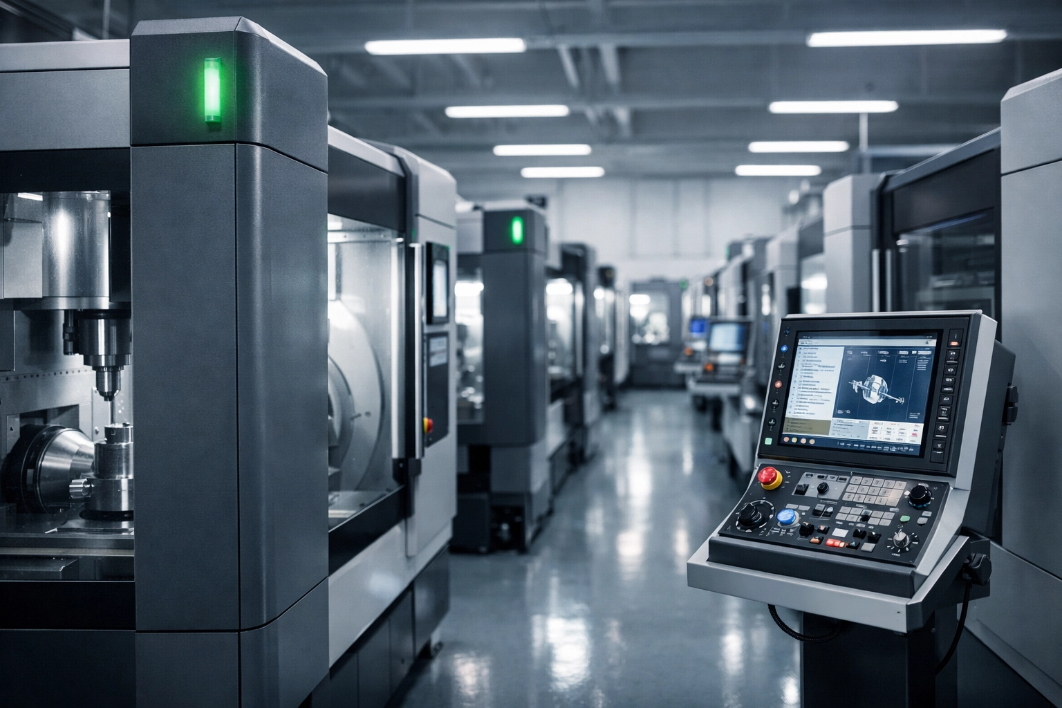 Modern CNC milling machines in a clean-room facility optimized for business insurance CT security.