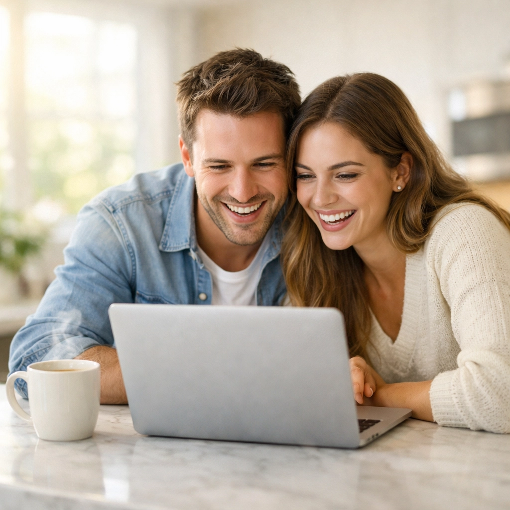 Engaged couple opening a high-yield savings account for their wedding fund at a sun-drenched kitchen island.