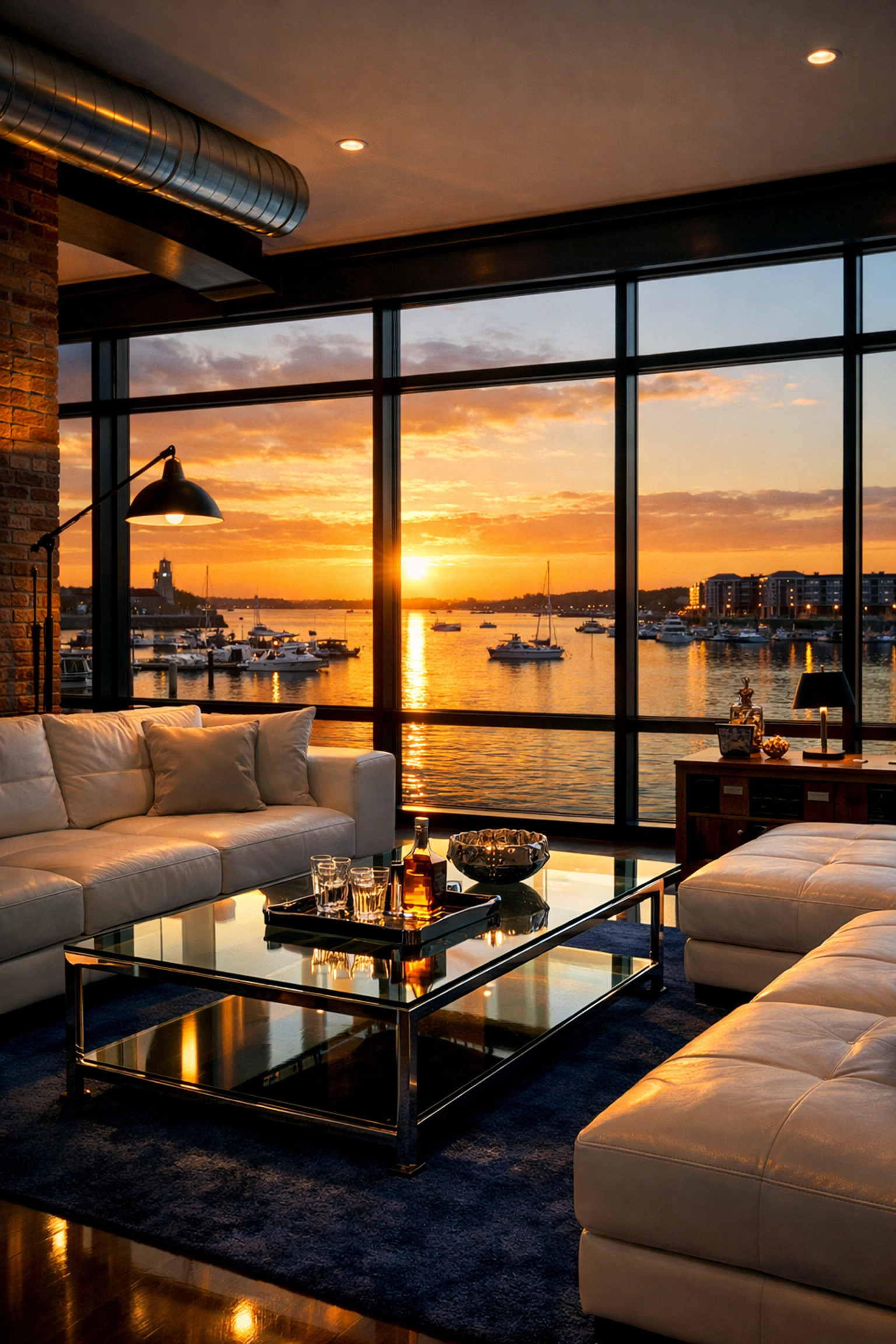 Luxury Hingham Shipyard condo living room with sparkling surfaces overlooking the harbor at sunset.