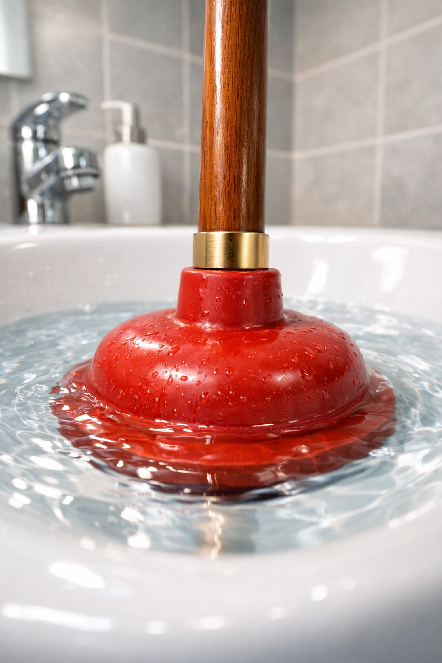 Using a red plunger in a white bathroom sink to dislodge a stubborn drain blockage quickly.