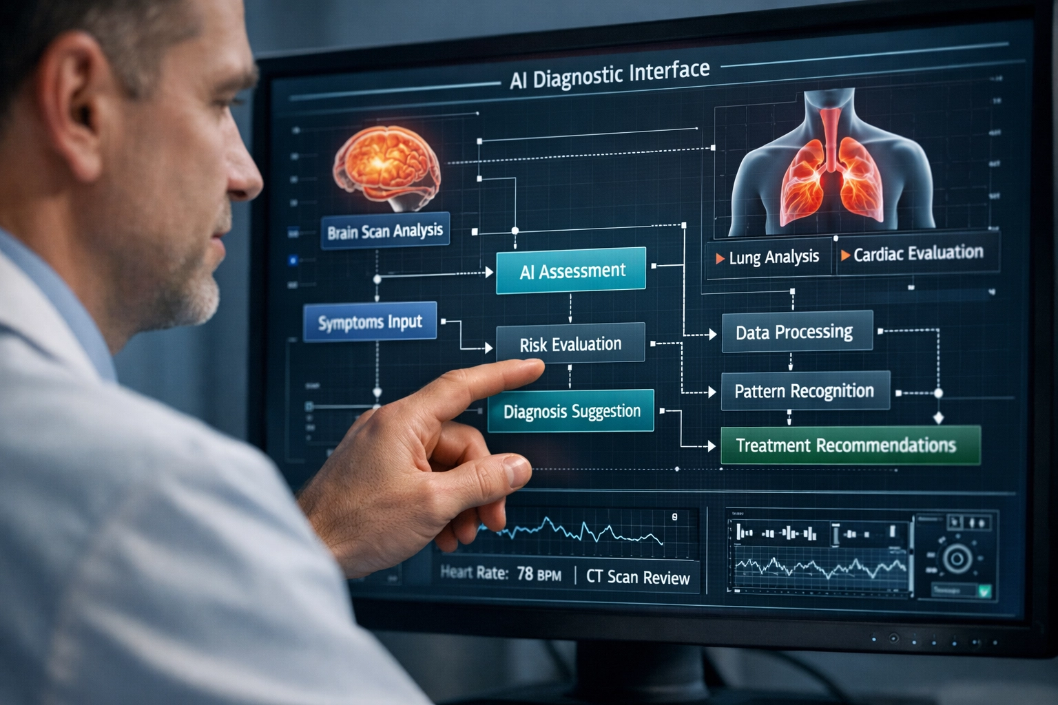 Doctor reviewing explainable AI medical data and flowcharts on a high-resolution hospital monitor.