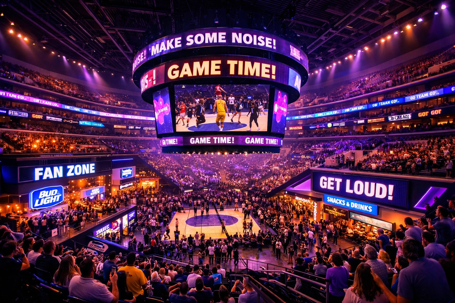 Modern sports arena featuring integrated digital signage and LED displays during live entertainment event