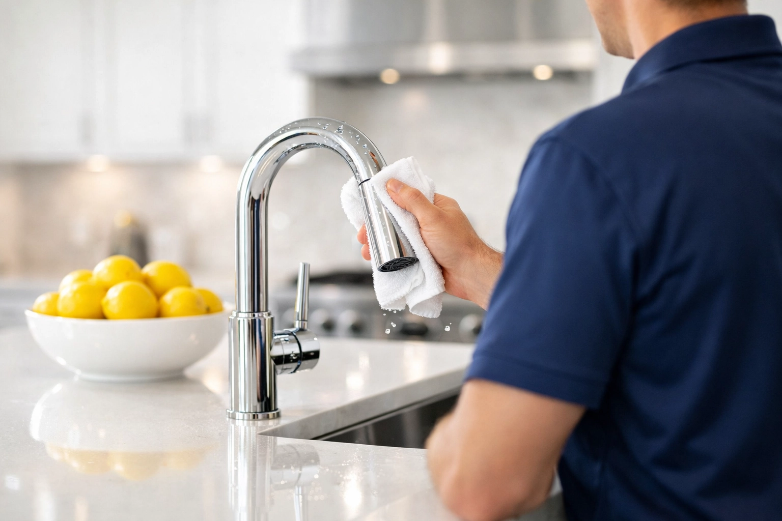 Professional cleaners performing weekly house cleaning Marlborough in a modern luxury kitchen.