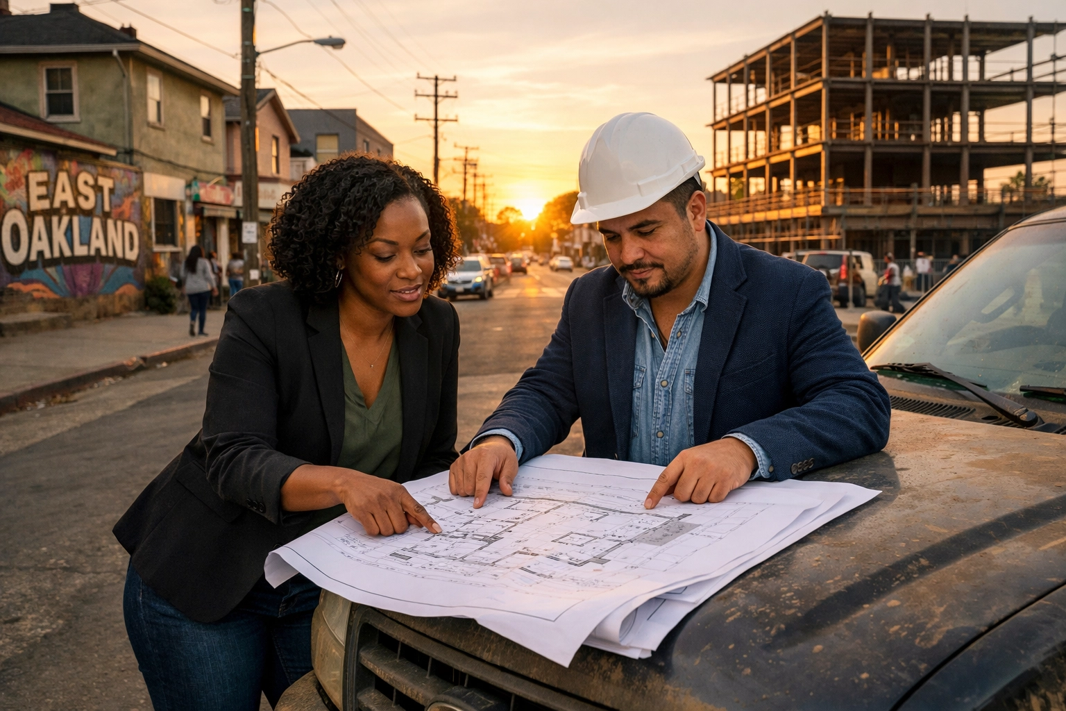 Urban planners reviewing construction blueprints for affordable housing projects in East Oakland.